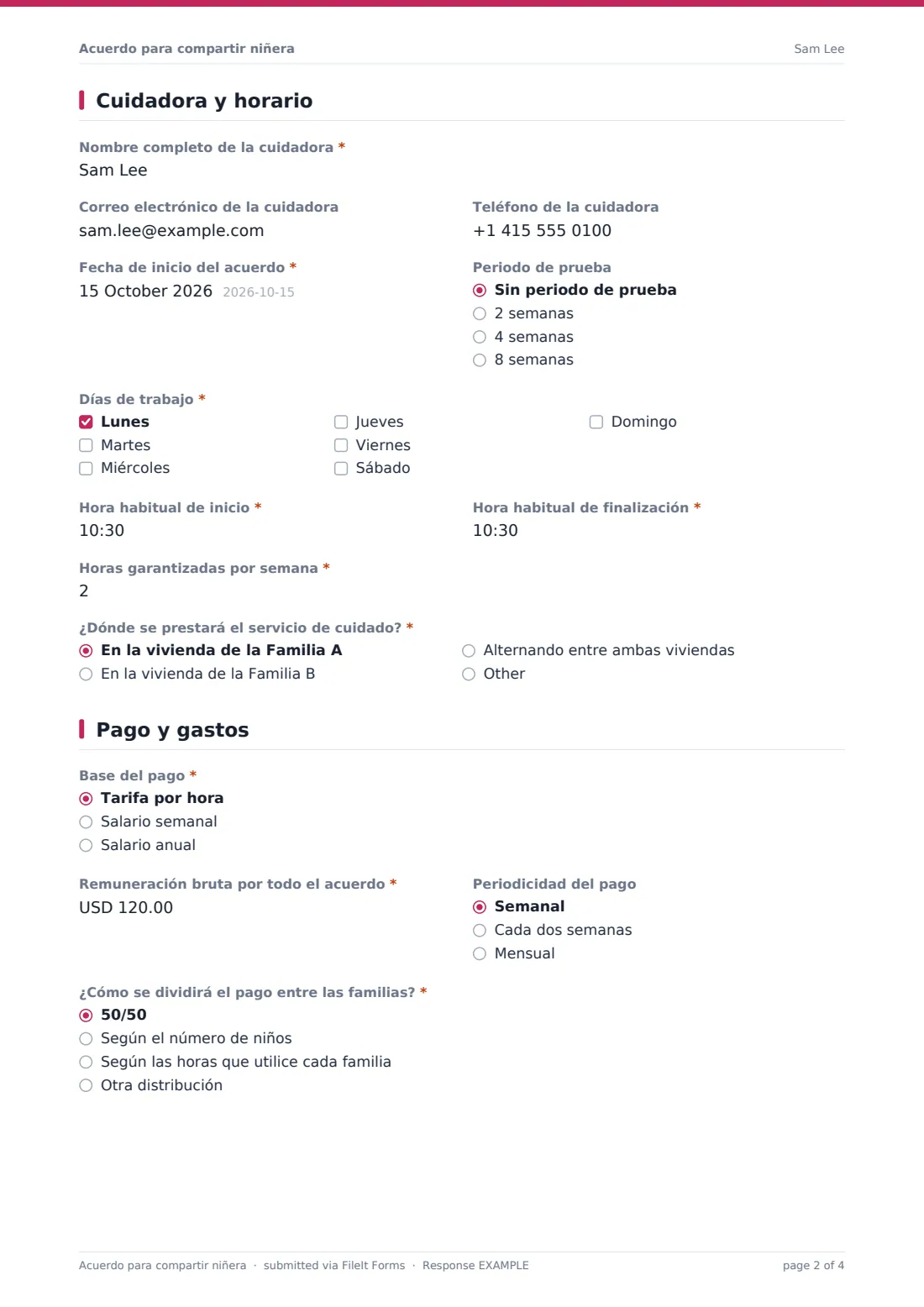 Acuerdo para compartir niñera — PDF de respuesta de ejemplo, página 2 de 4