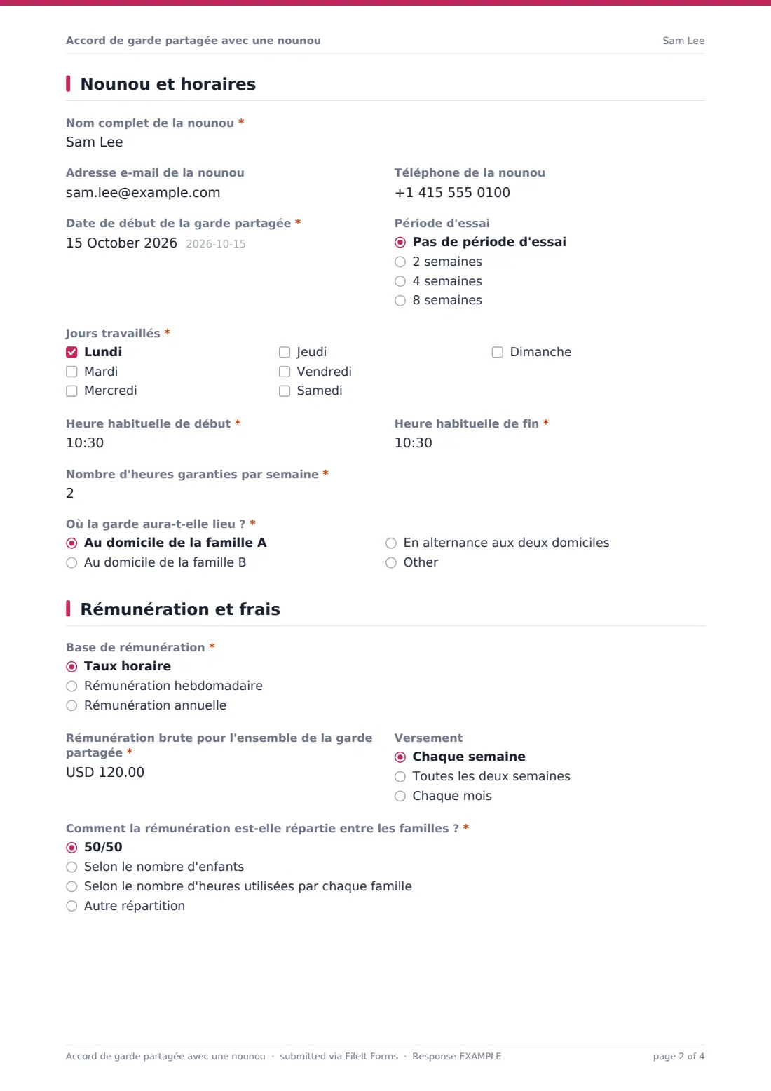 Accord de garde partagée avec une nounou — exemple de réponse au format PDF, page 2 sur 4