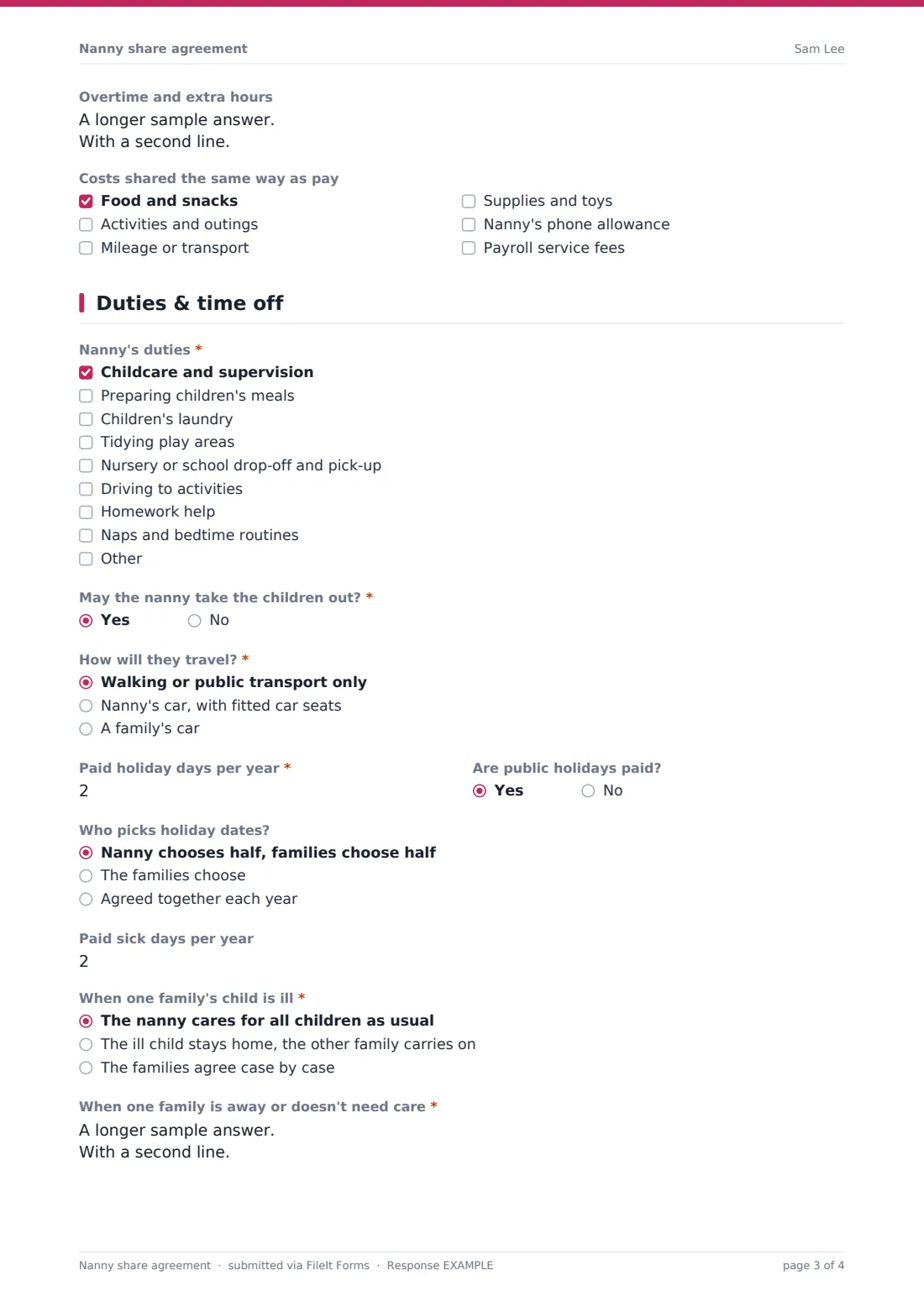 Nanny share agreement — example response PDF, page 3 of 4