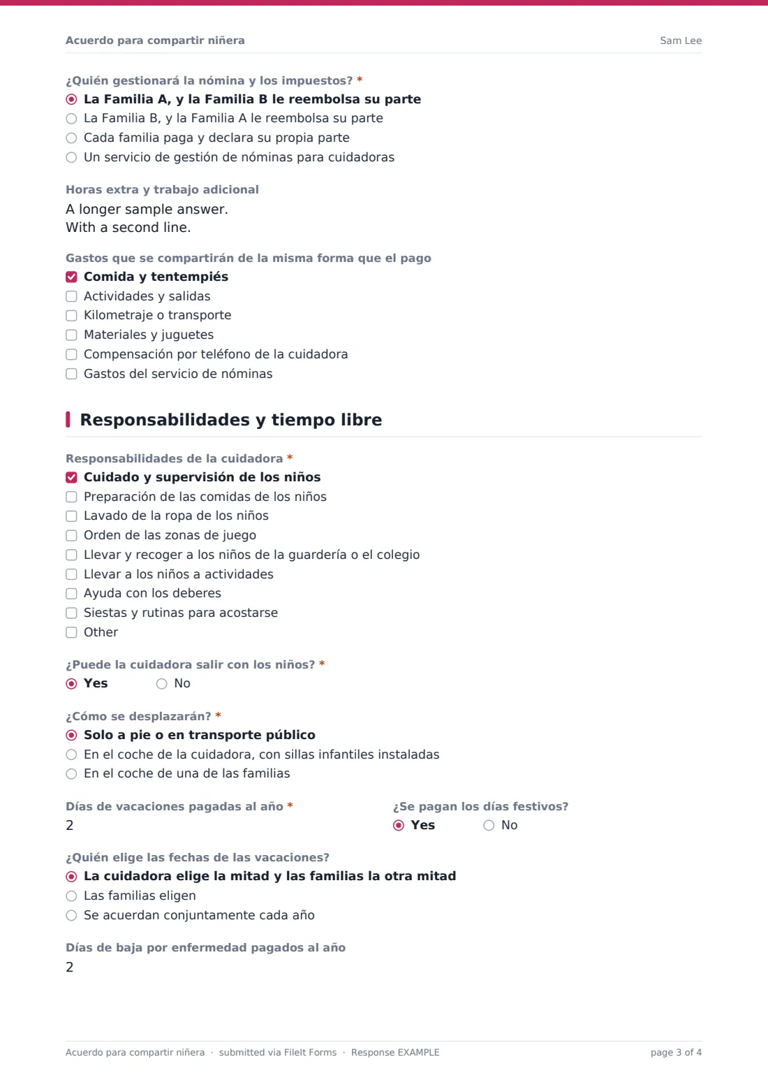 Acuerdo para compartir niñera — PDF de respuesta de ejemplo, página 3 de 4