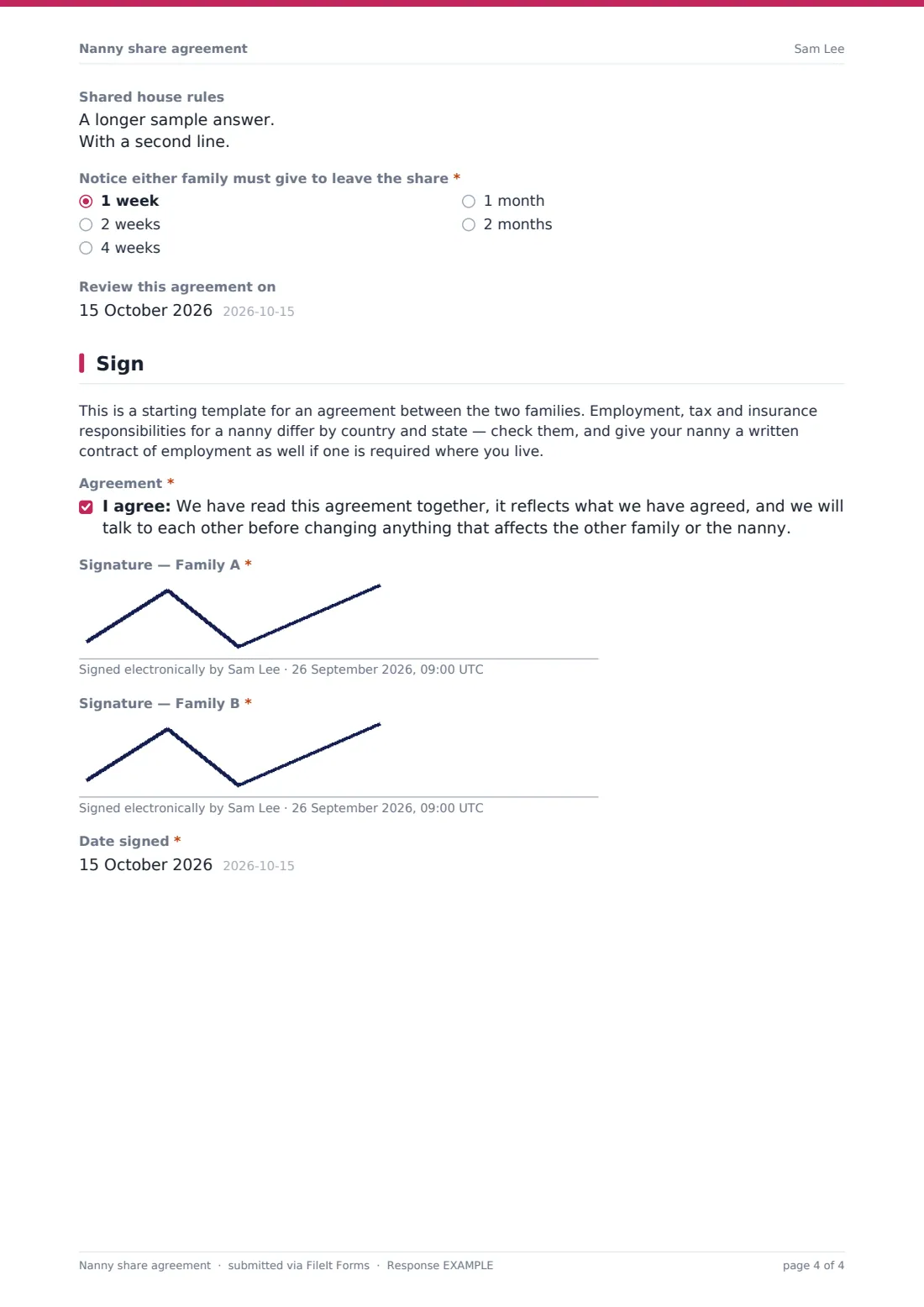 Nanny share agreement — example response PDF, page 4 of 4