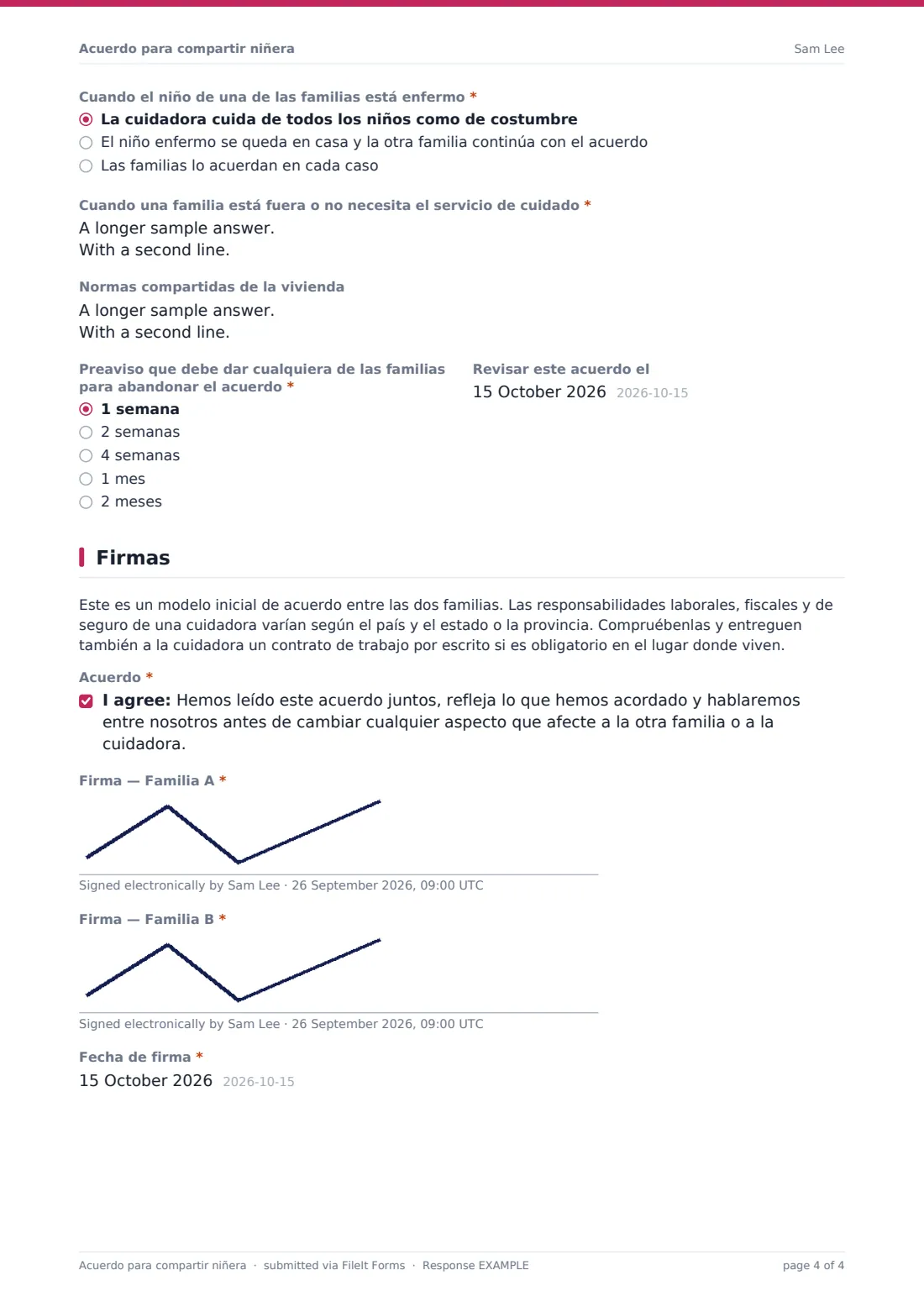 Acuerdo para compartir niñera — PDF de respuesta de ejemplo, página 4 de 4