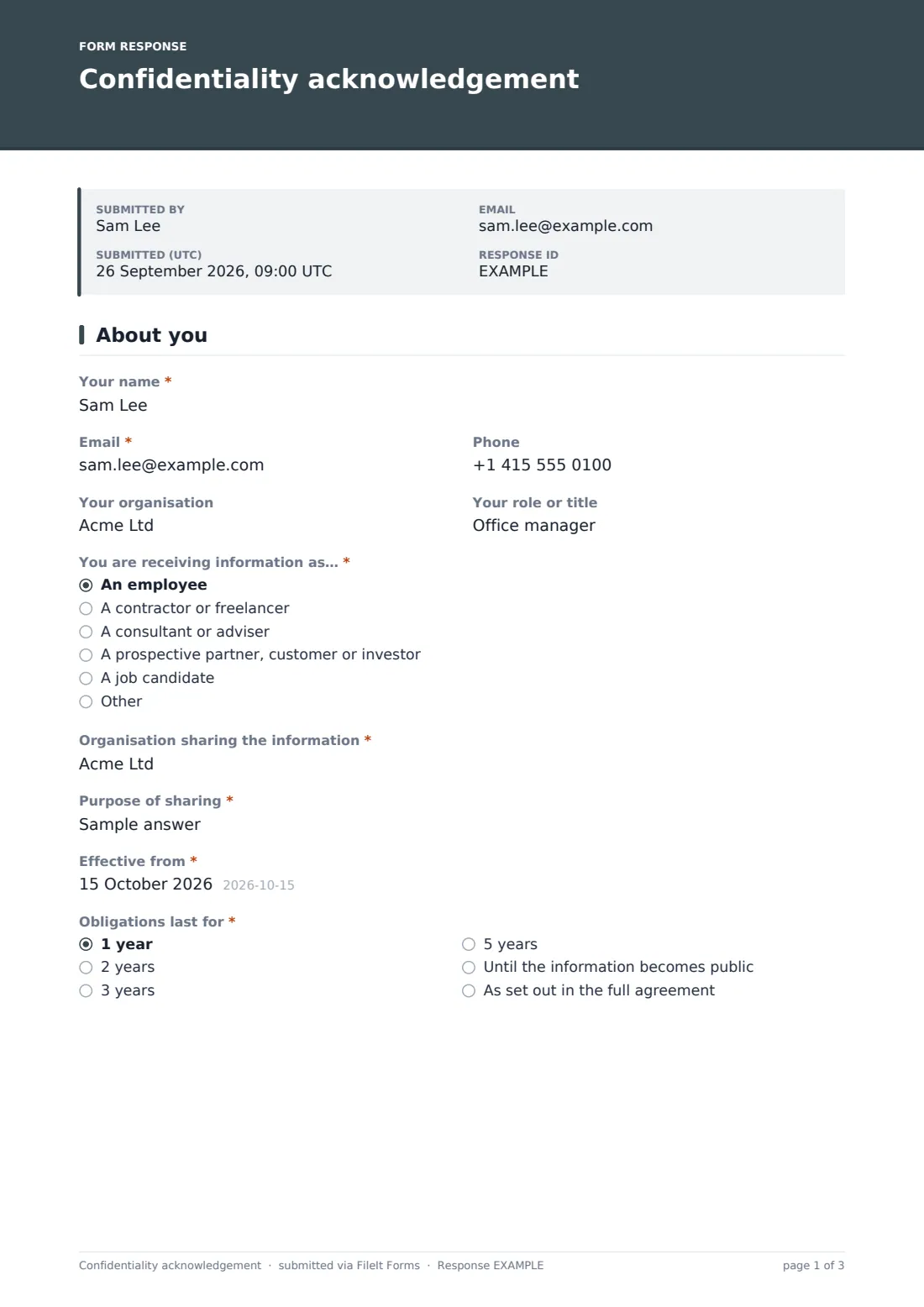 Confidentiality acknowledgement — example response PDF, page 1 of 3