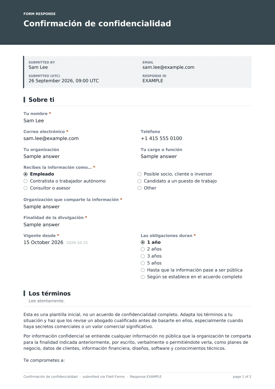 Confirmación de confidencialidad — PDF de respuesta de ejemplo, página 1 de 2