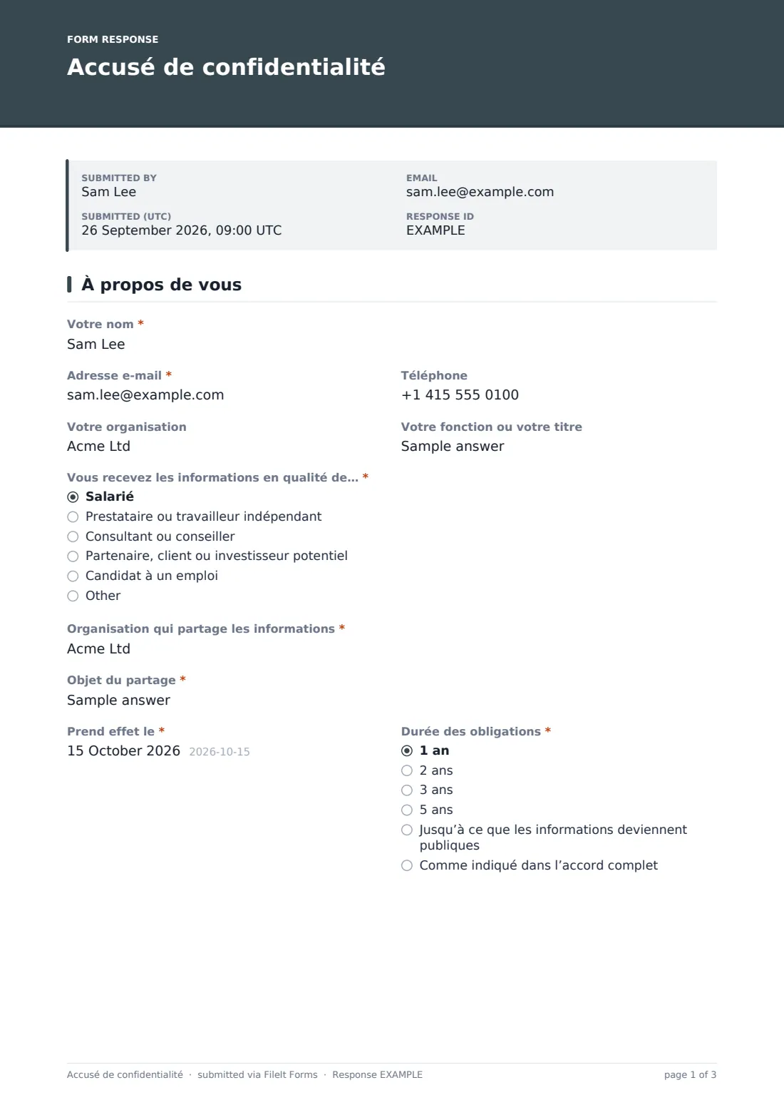 Accusé de confidentialité — exemple de réponse au format PDF, page 1 sur 3