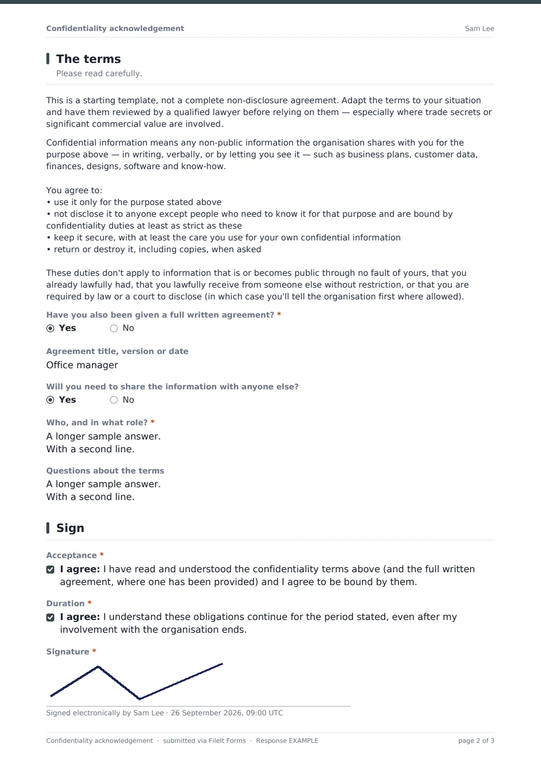 Confidentiality acknowledgement — example response PDF, page 2 of 3