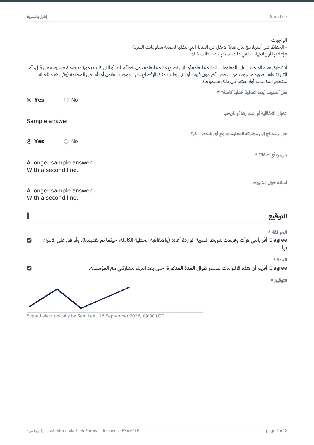إقرار بالسرية — ملف PDF لرد نموذجي، الصفحة 2 من 2