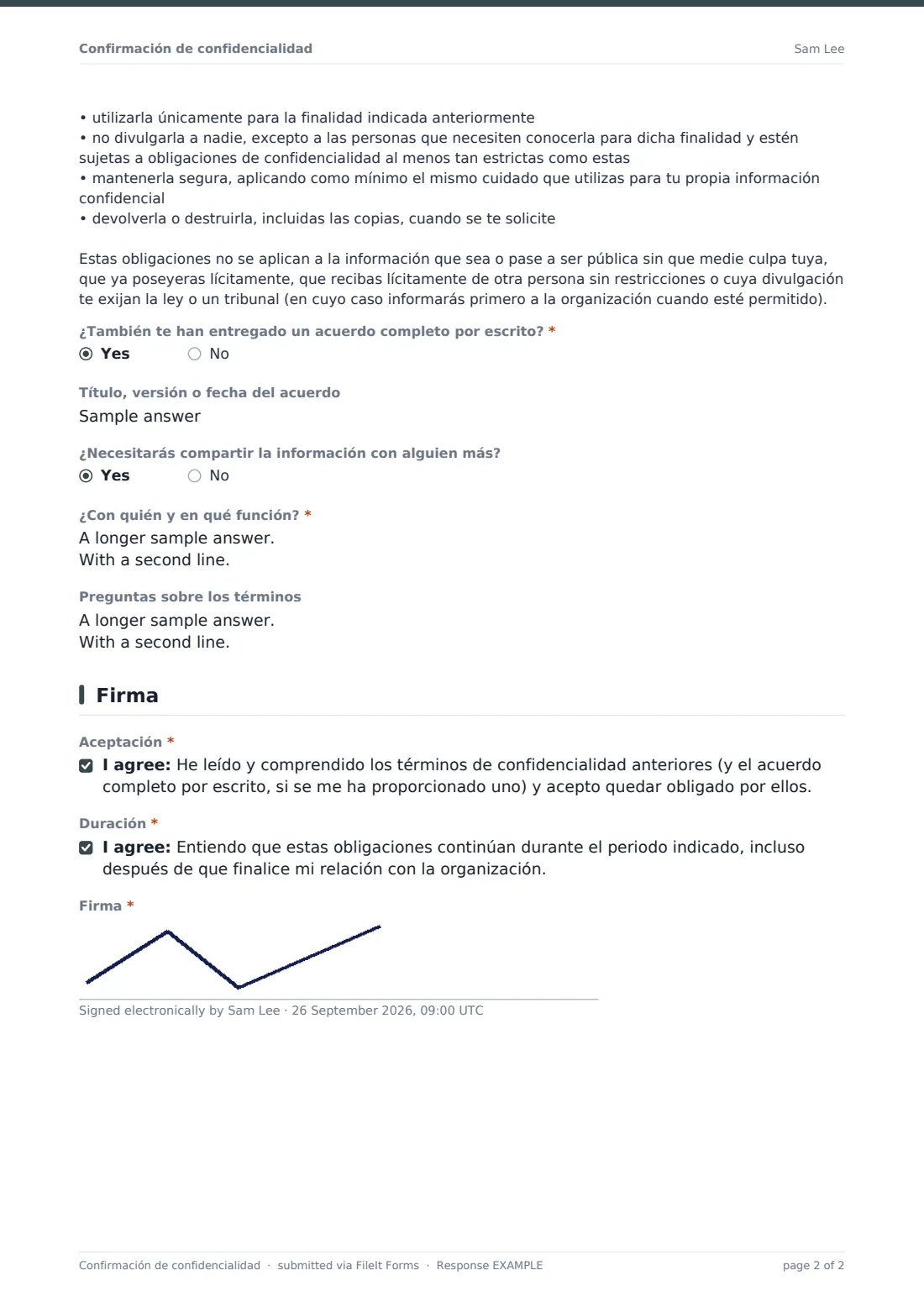 Confirmación de confidencialidad — PDF de respuesta de ejemplo, página 2 de 2