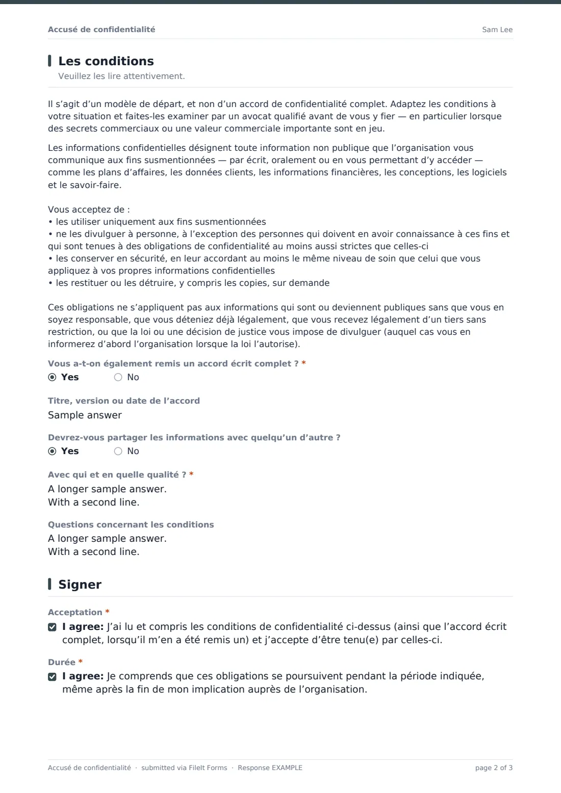 Accusé de confidentialité — exemple de réponse au format PDF, page 2 sur 3