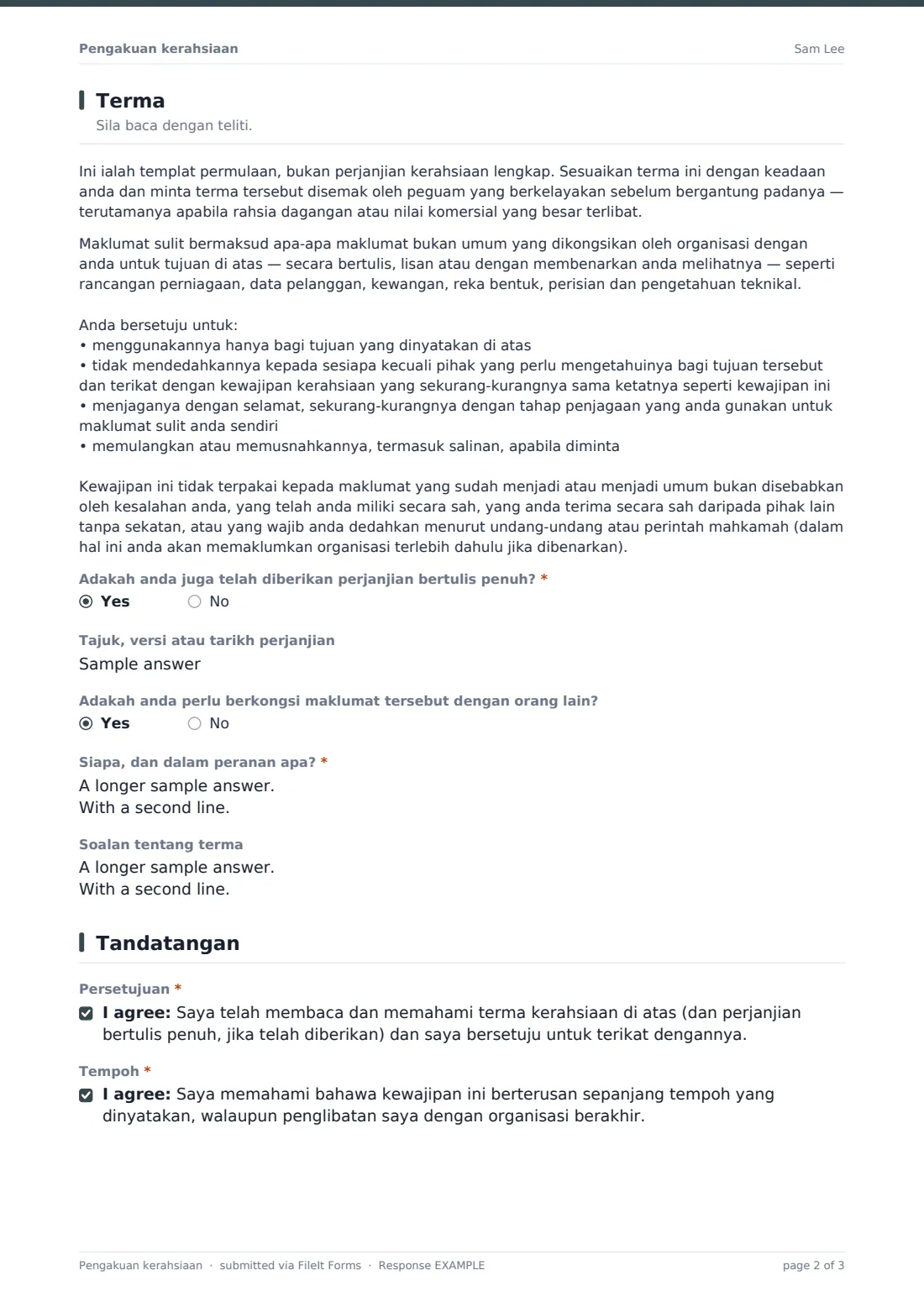 Pengakuan kerahsiaan — PDF respons contoh, halaman 2 daripada 3