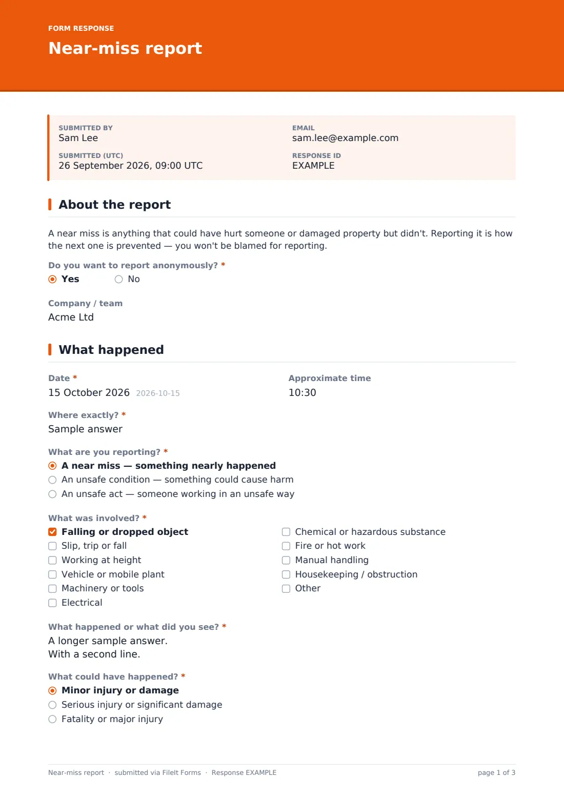 Near-miss report — example response PDF, page 1 of 3