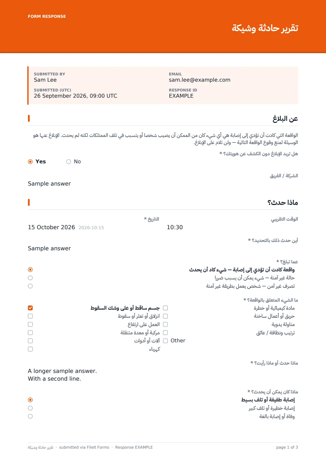 تقرير حادثة وشيكة — ملف PDF لرد نموذجي، الصفحة 1 من 3