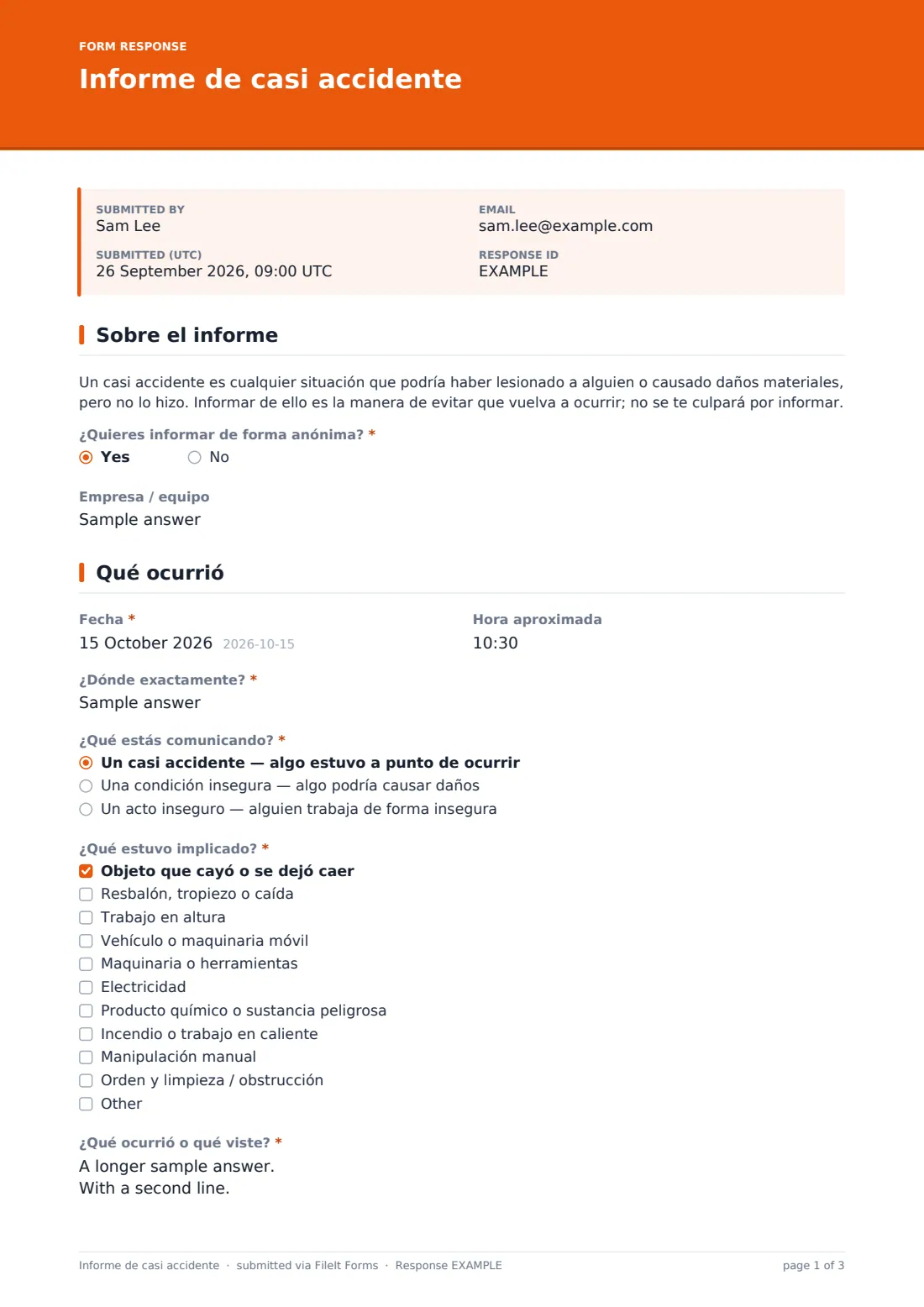 Informe de casi accidente — PDF de respuesta de ejemplo, página 1 de 3