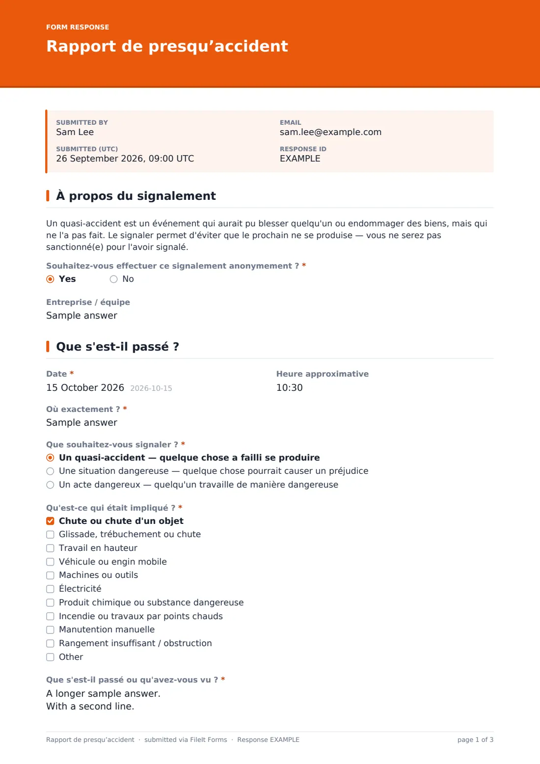 Rapport de presqu’accident — exemple de réponse au format PDF, page 1 sur 3
