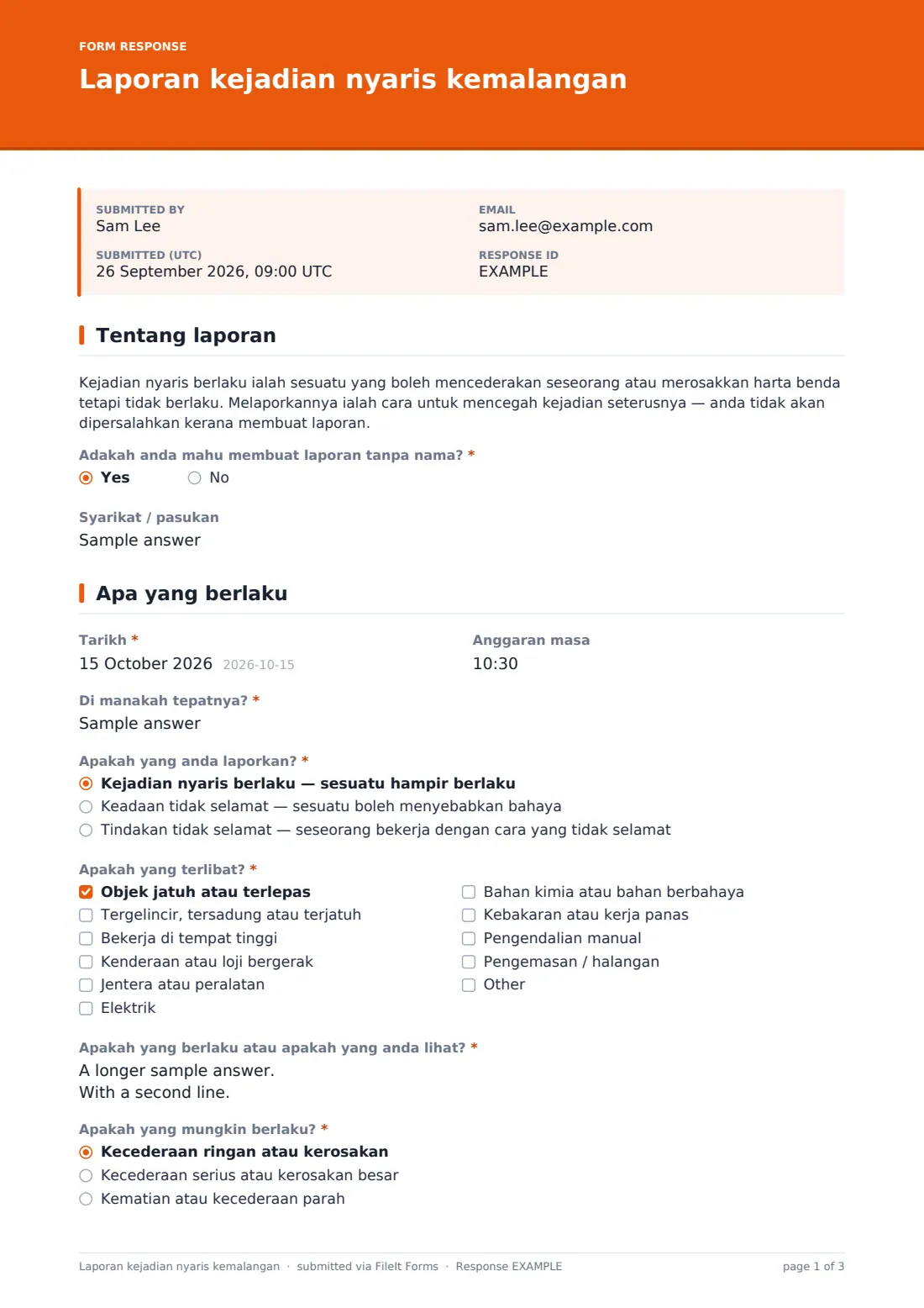 Laporan kejadian nyaris kemalangan — PDF respons contoh, halaman 1 daripada 3