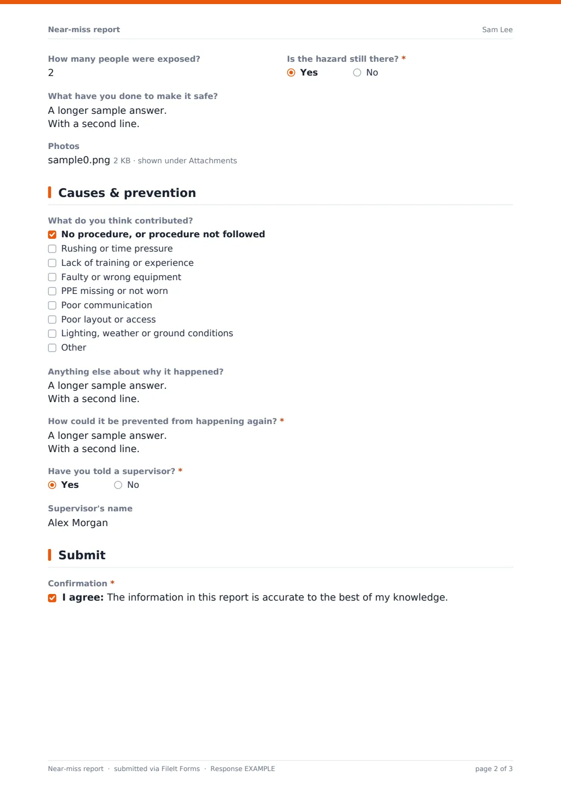 Near-miss report — example response PDF, page 2 of 3