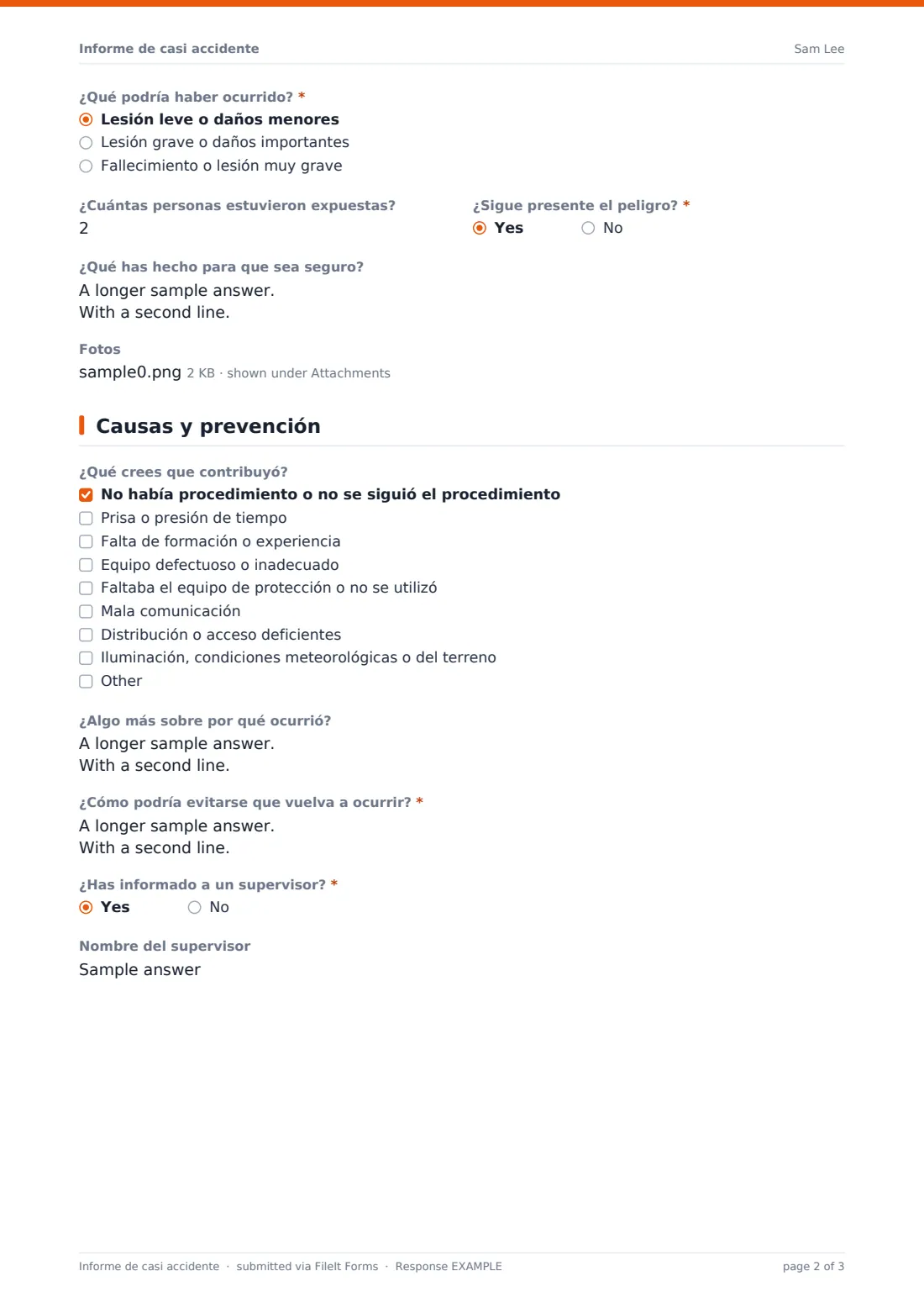 Informe de casi accidente — PDF de respuesta de ejemplo, página 2 de 3