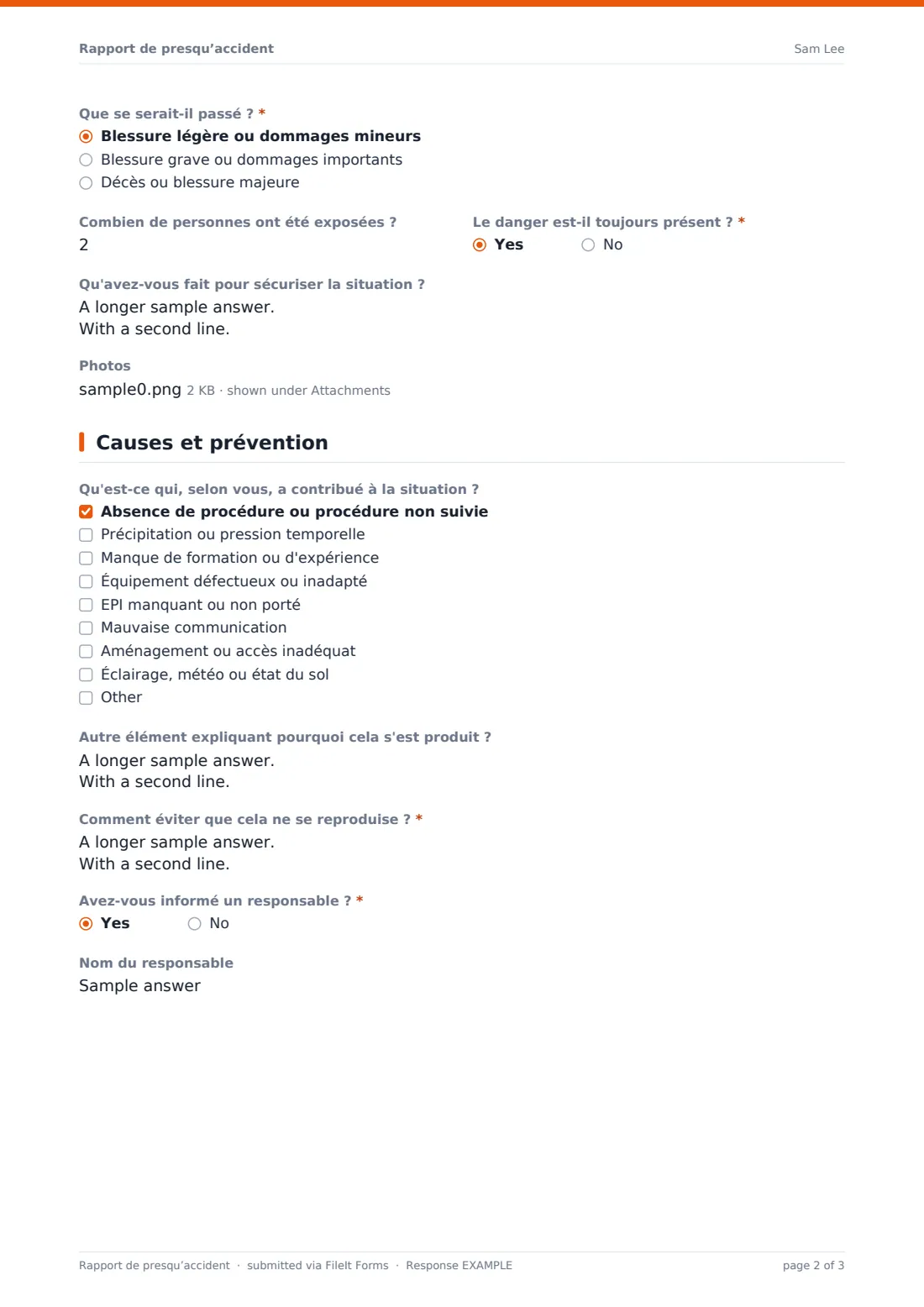 Rapport de presqu’accident — exemple de réponse au format PDF, page 2 sur 3
