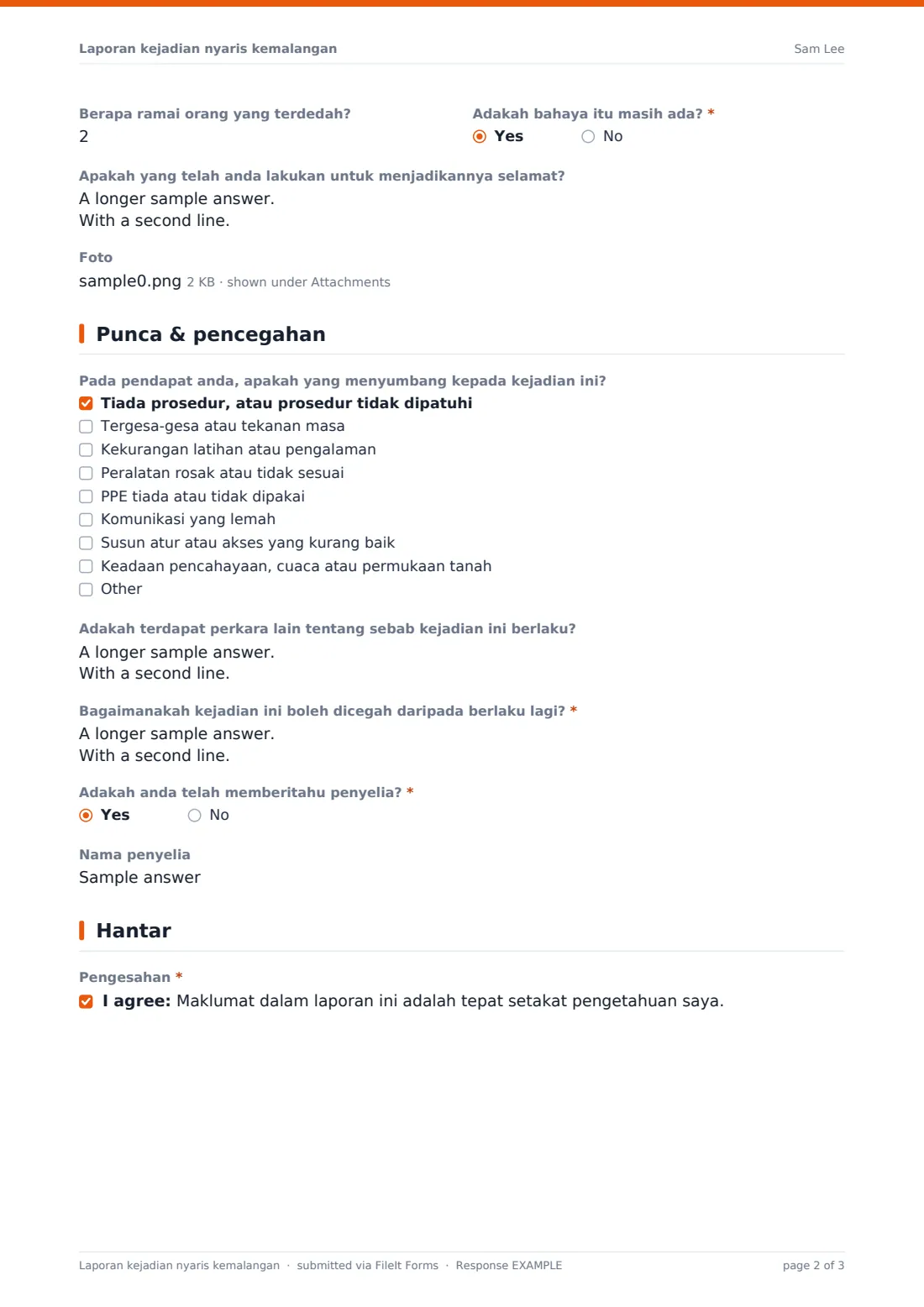 Laporan kejadian nyaris kemalangan — PDF respons contoh, halaman 2 daripada 3