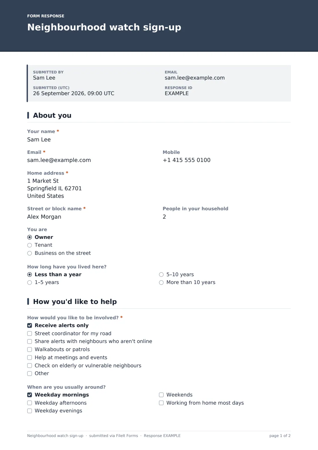 Neighbourhood watch sign-up — example response PDF, page 1 of 2