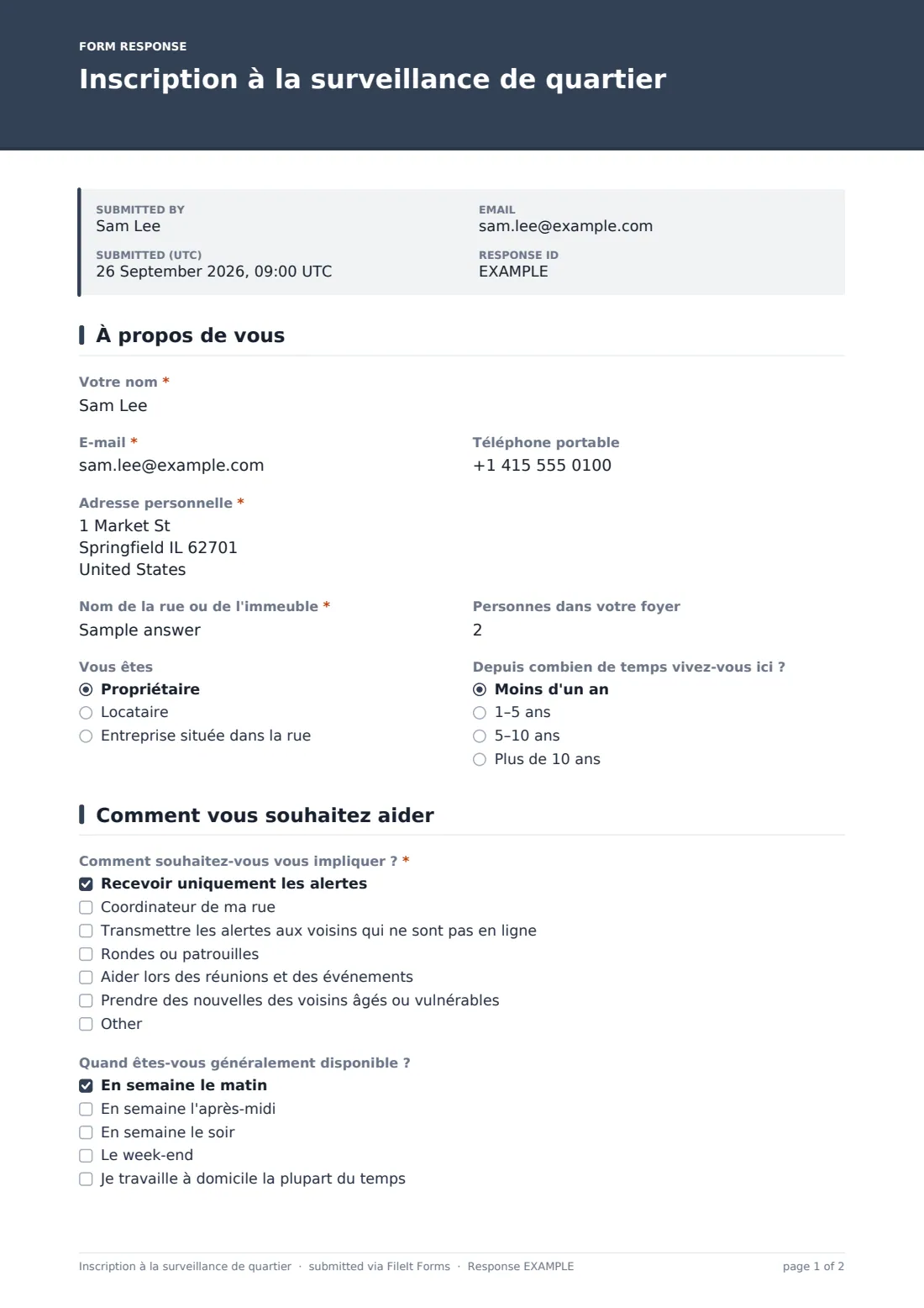 Inscription à la surveillance de quartier — exemple de réponse au format PDF, page 1 sur 2