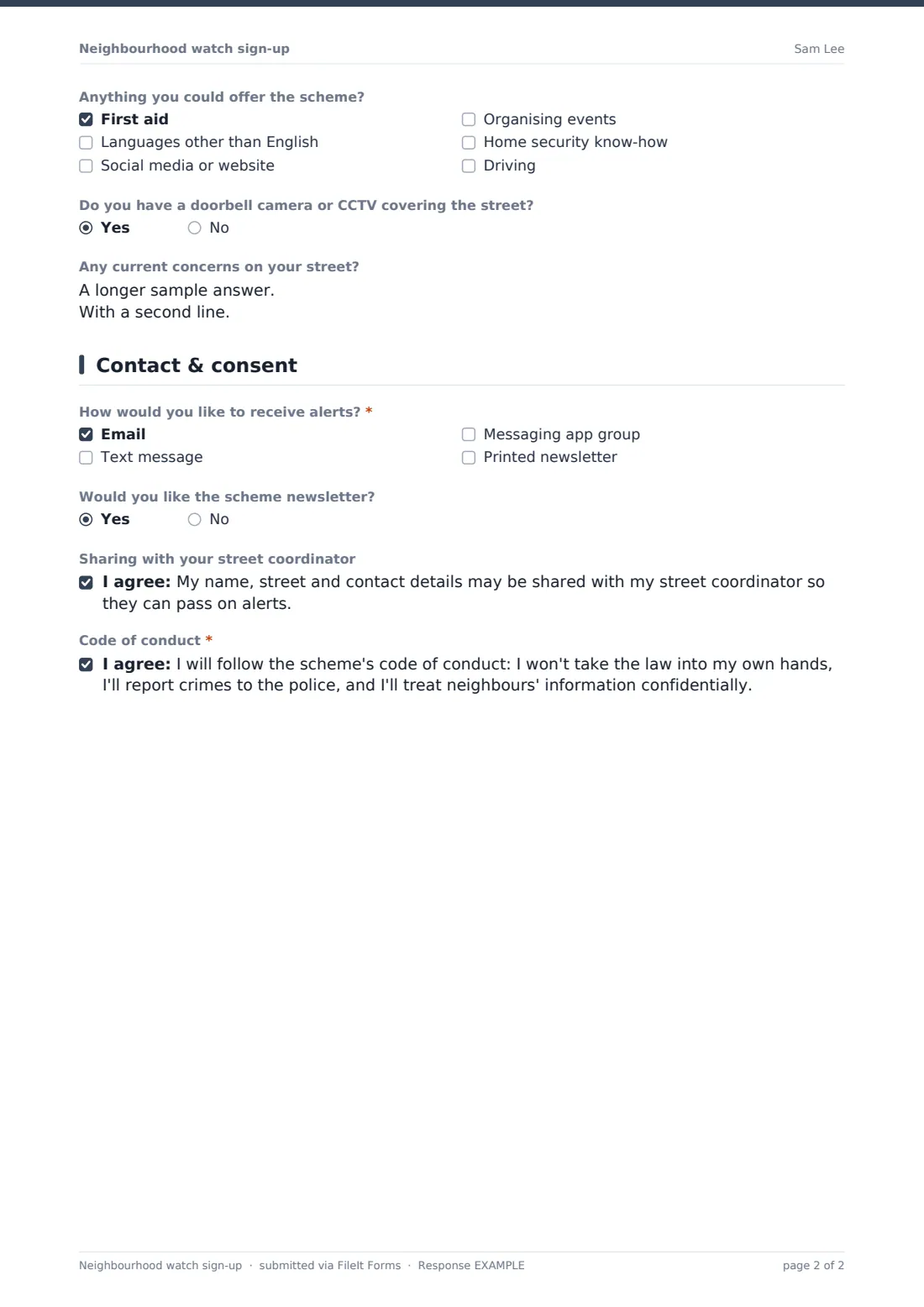 Neighbourhood watch sign-up — example response PDF, page 2 of 2