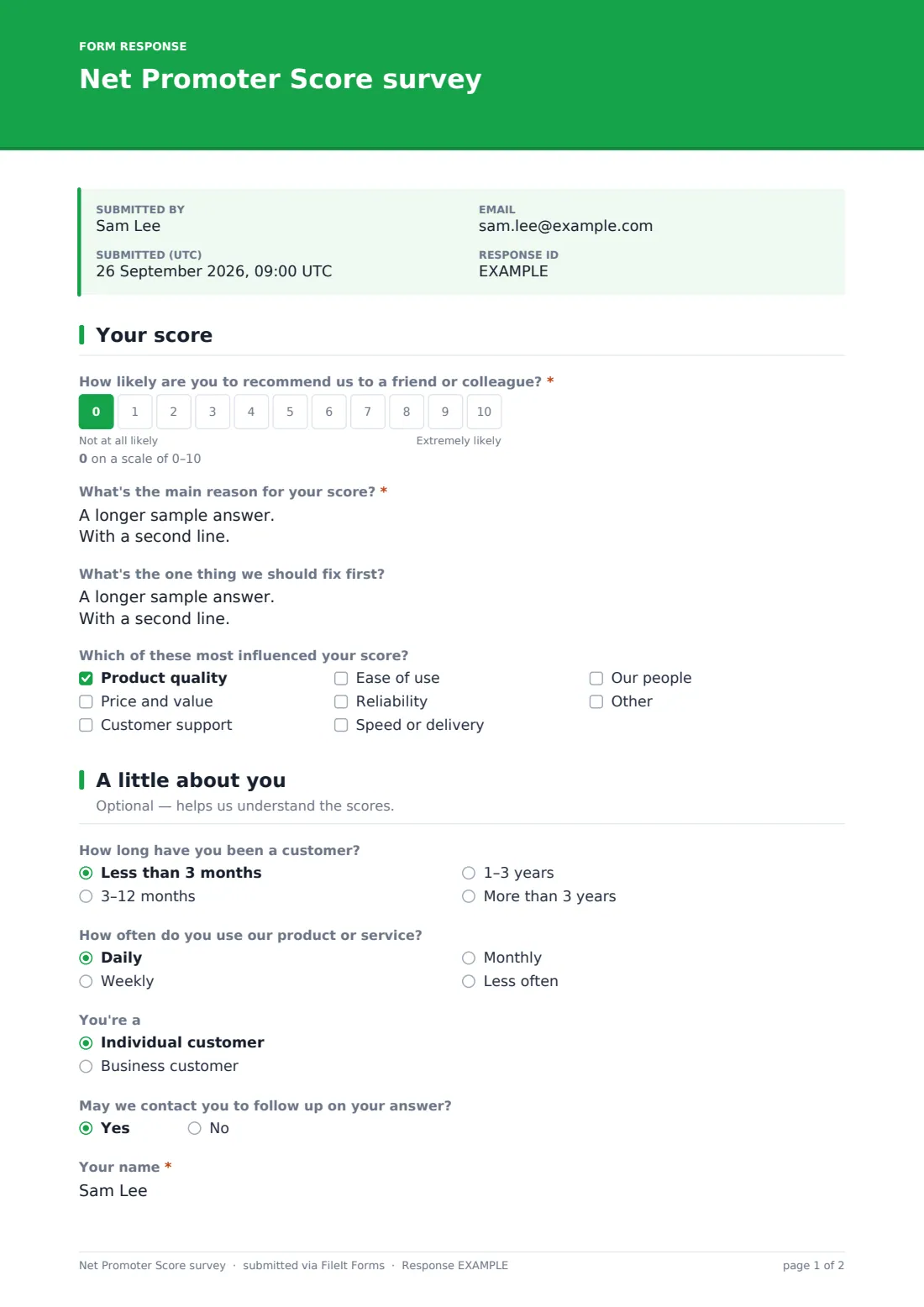 Net Promoter Score survey — example response PDF, page 1 of 2