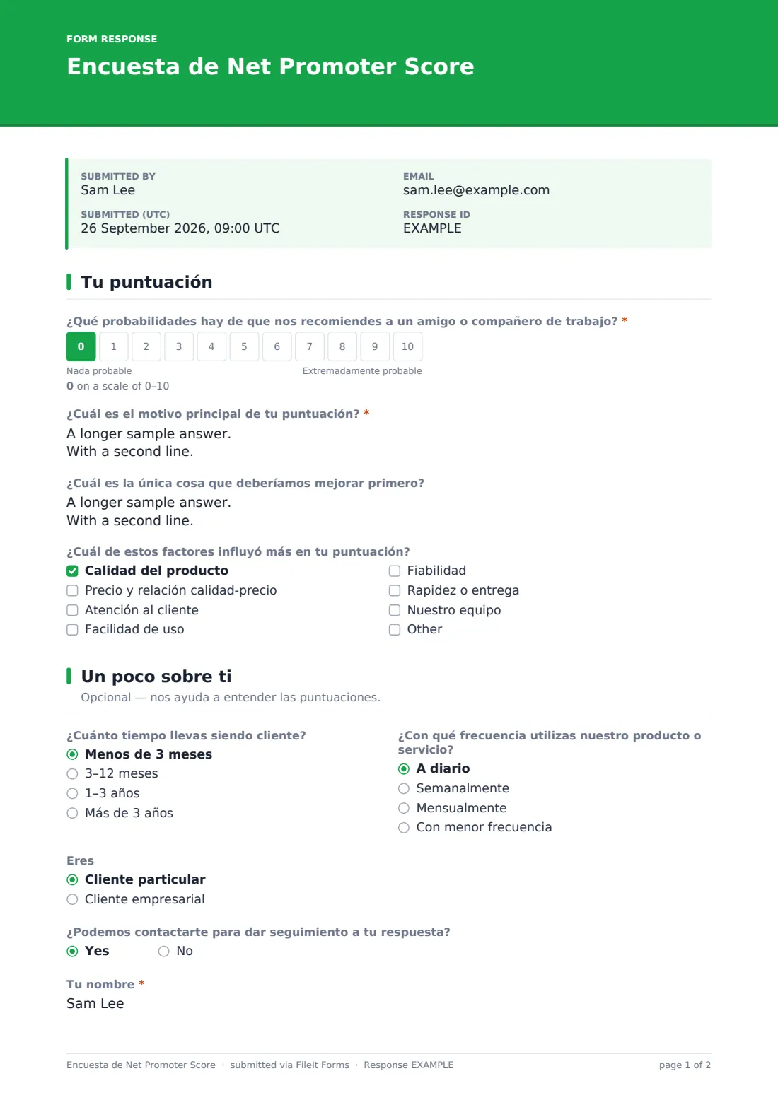 Encuesta de Net Promoter Score — PDF de respuesta de ejemplo, página 1 de 2