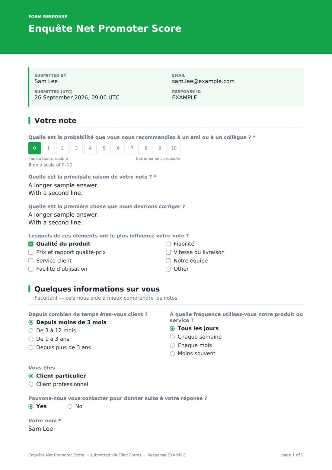 Enquête Net Promoter Score — exemple de réponse au format PDF, page 1 sur 2