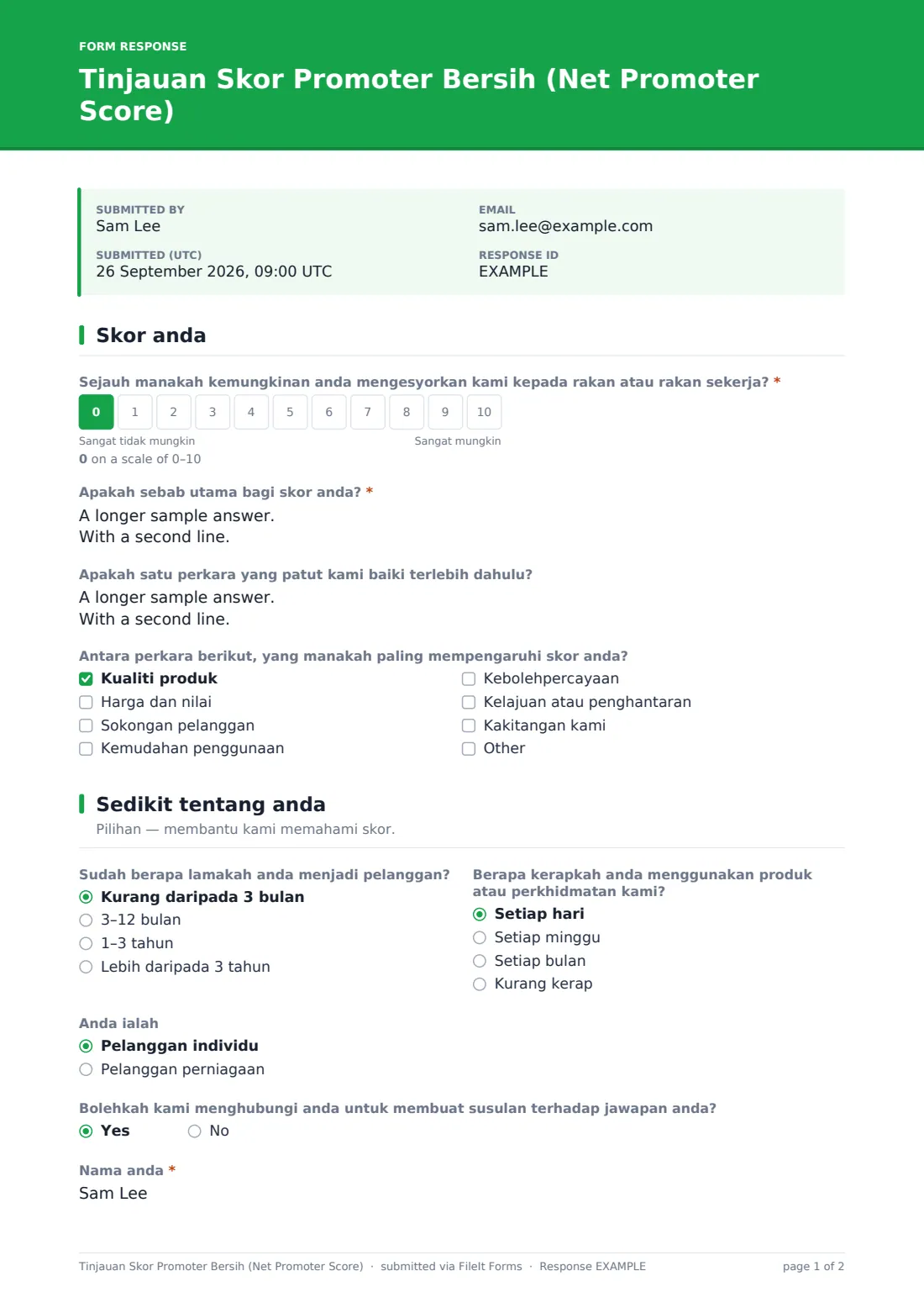 Tinjauan Skor Promoter Bersih (Net Promoter Score) — PDF respons contoh, halaman 1 daripada 2