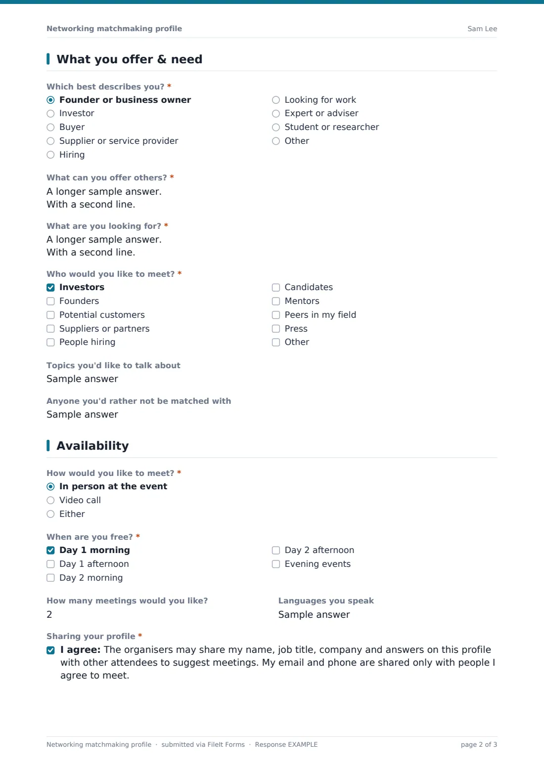 Networking matchmaking profile — example response PDF, page 2 of 3