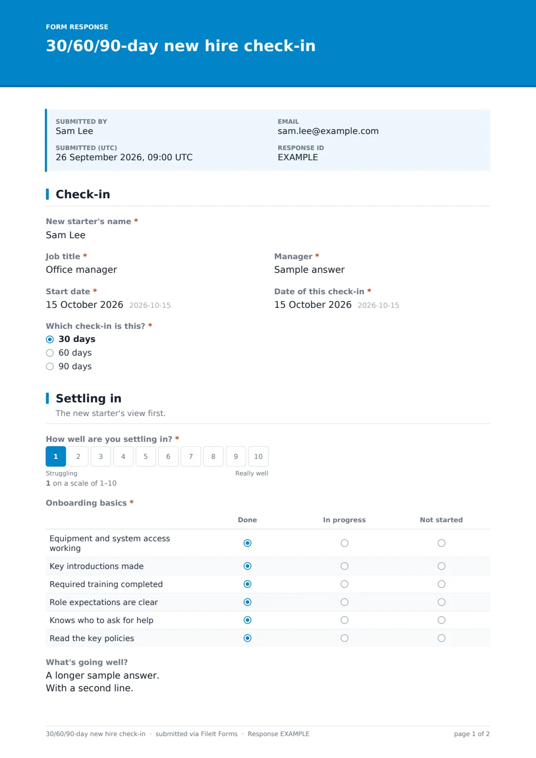 30/60/90-day new hire check-in — example response PDF, page 1 of 2