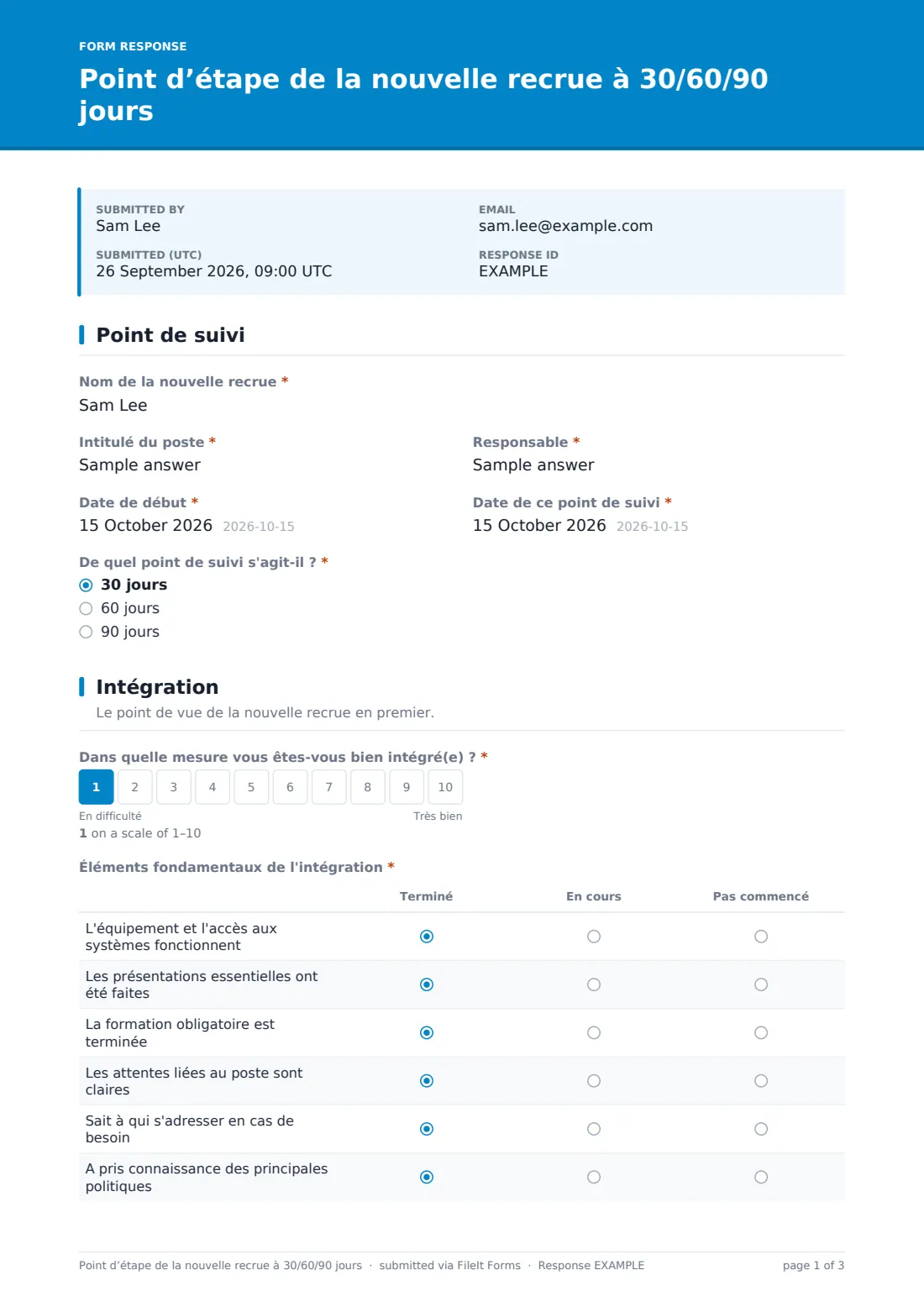 Point d’étape de la nouvelle recrue à 30/60/90 jours — exemple de réponse au format PDF, page 1 sur 3