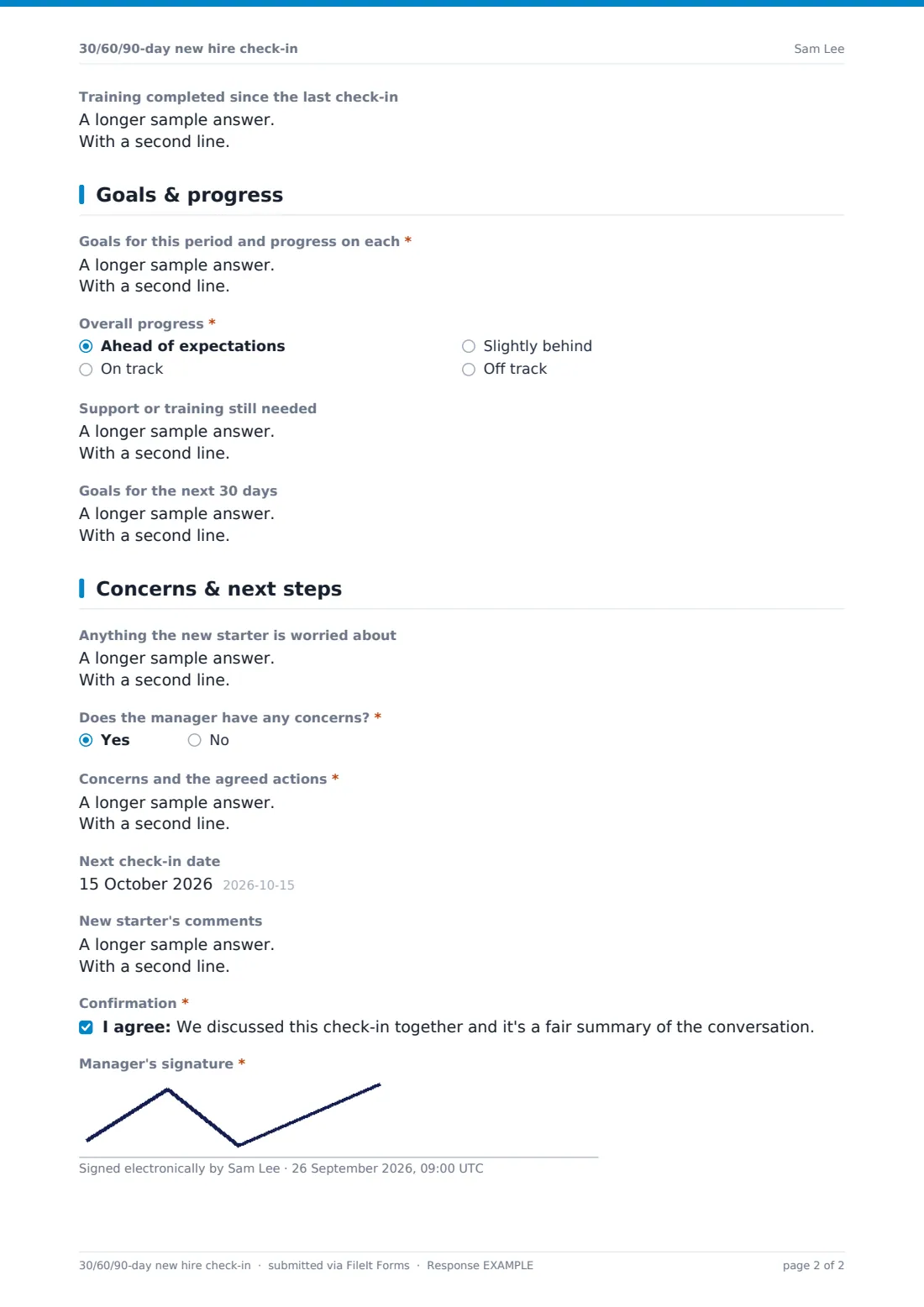 30/60/90-day new hire check-in — example response PDF, page 2 of 2