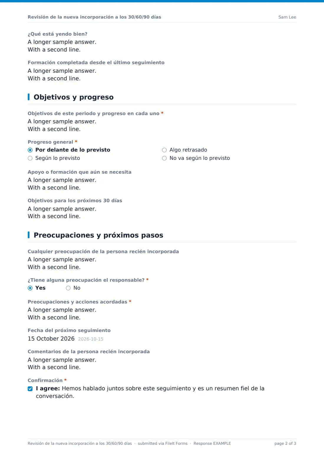 Revisión de la nueva incorporación a los 30/60/90 días — PDF de respuesta de ejemplo, página 2 de 3