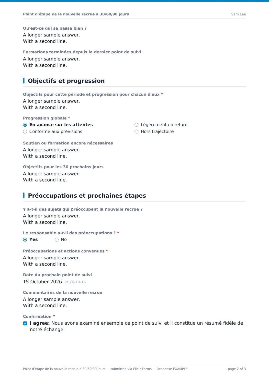 Point d’étape de la nouvelle recrue à 30/60/90 jours — exemple de réponse au format PDF, page 2 sur 3