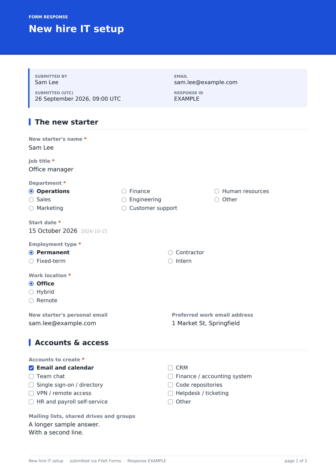 New hire IT setup — example response PDF, page 1 of 2