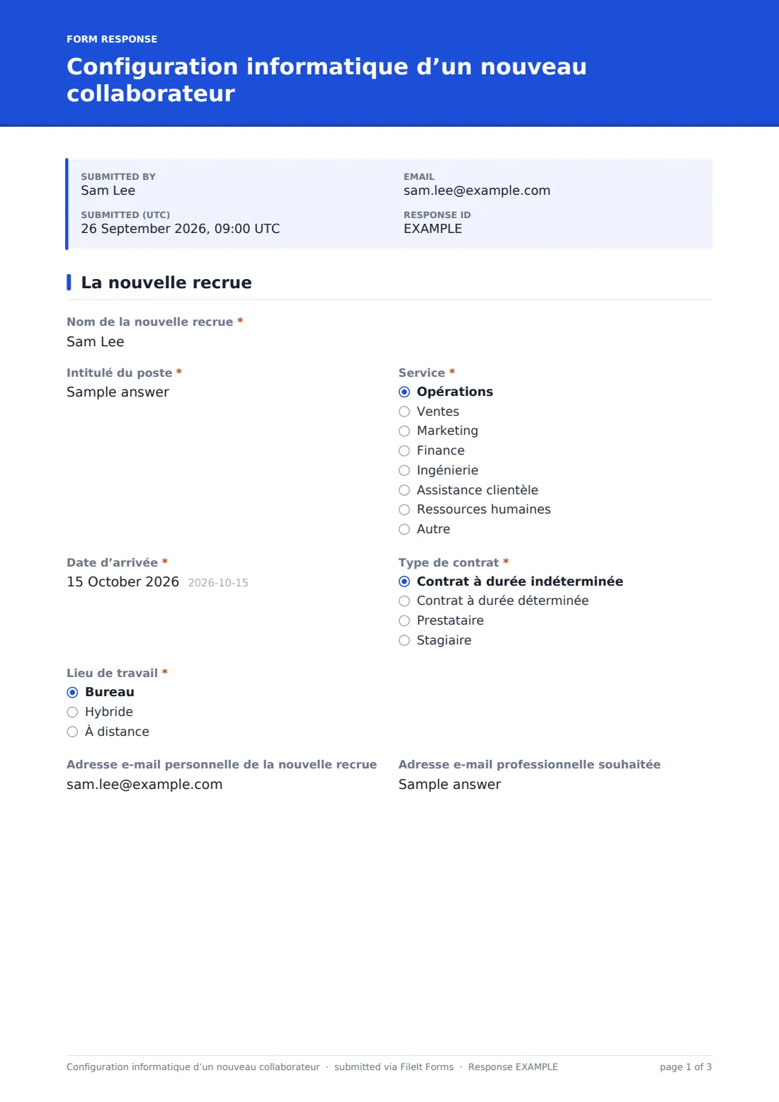 Configuration informatique d’un nouveau collaborateur — exemple de réponse au format PDF, page 1 sur 3