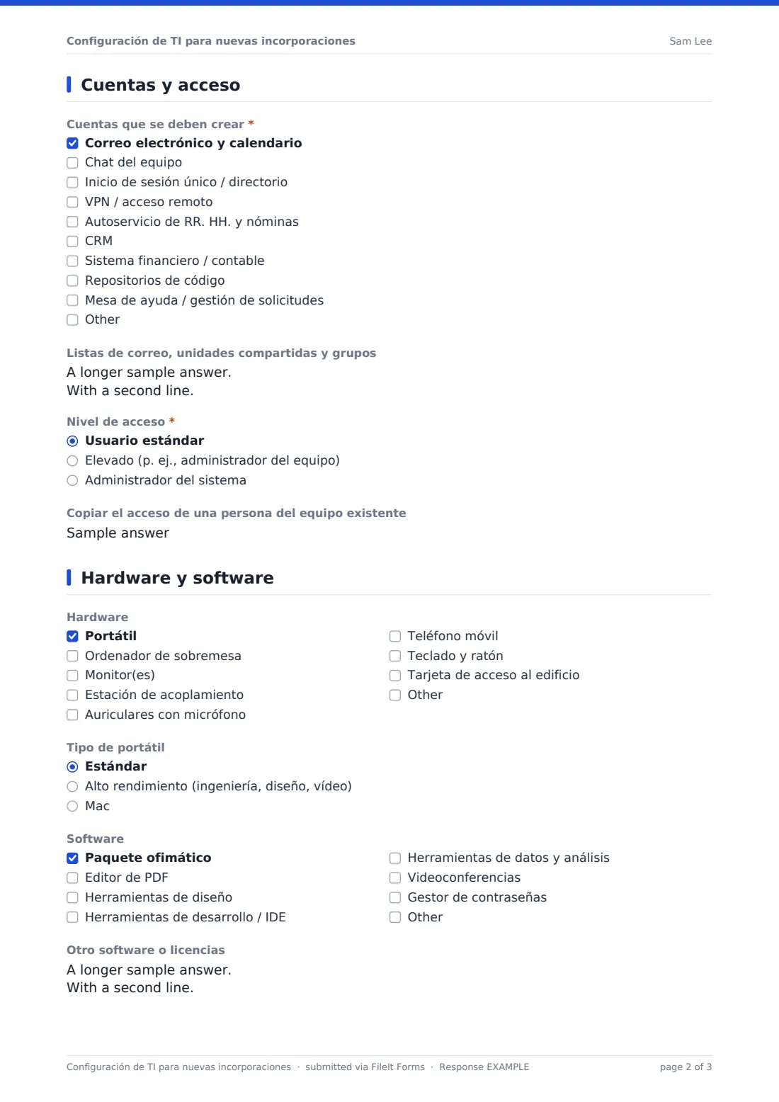 Configuración de TI para nuevas incorporaciones — PDF de respuesta de ejemplo, página 2 de 3