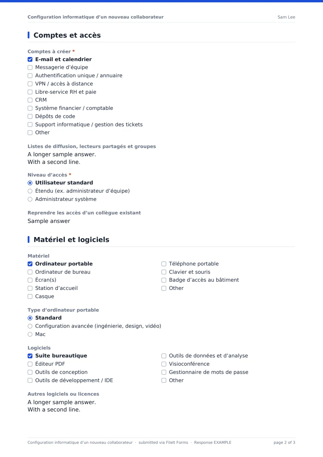 Configuration informatique d’un nouveau collaborateur — exemple de réponse au format PDF, page 2 sur 3