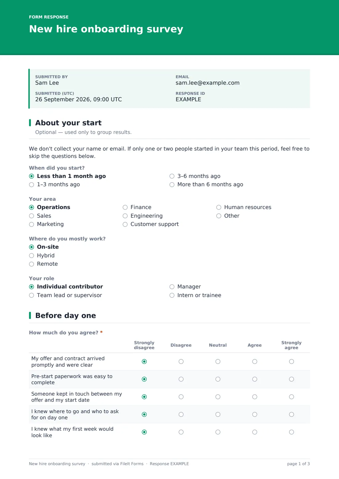 New hire onboarding survey — example response PDF, page 1 of 3