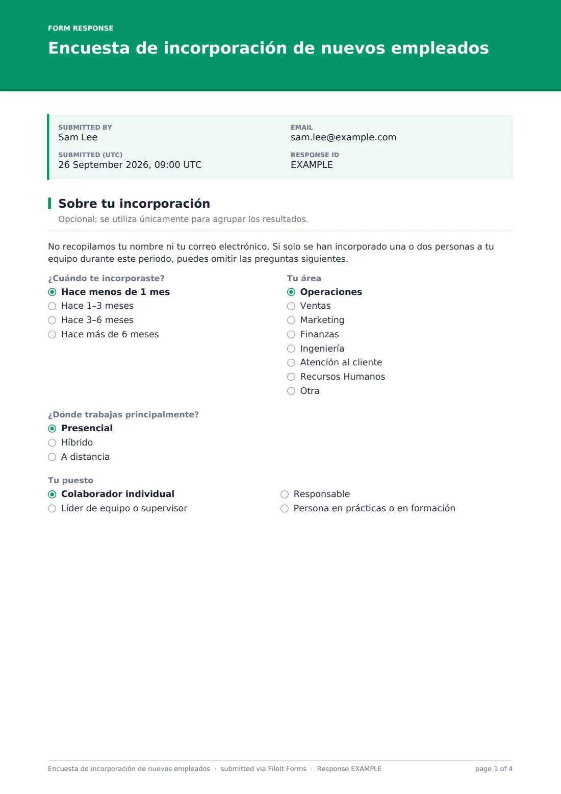 Encuesta de incorporación de nuevos empleados — PDF de respuesta de ejemplo, página 1 de 4