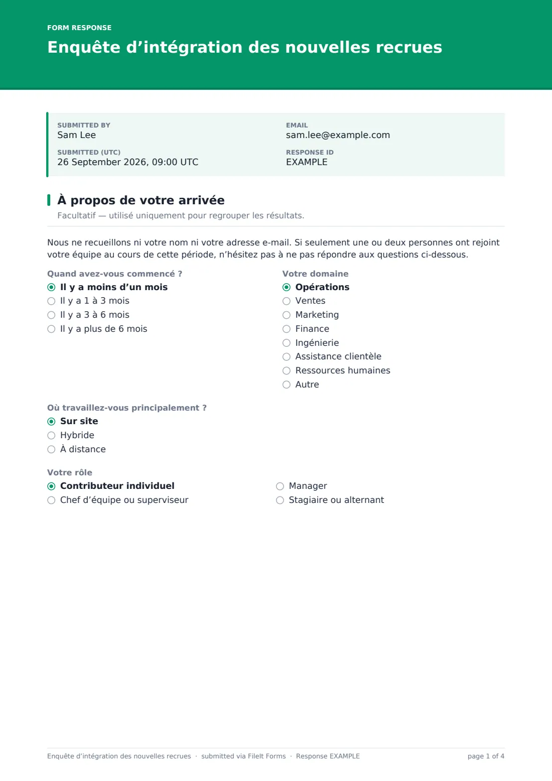 Enquête d’intégration des nouvelles recrues — exemple de réponse au format PDF, page 1 sur 4