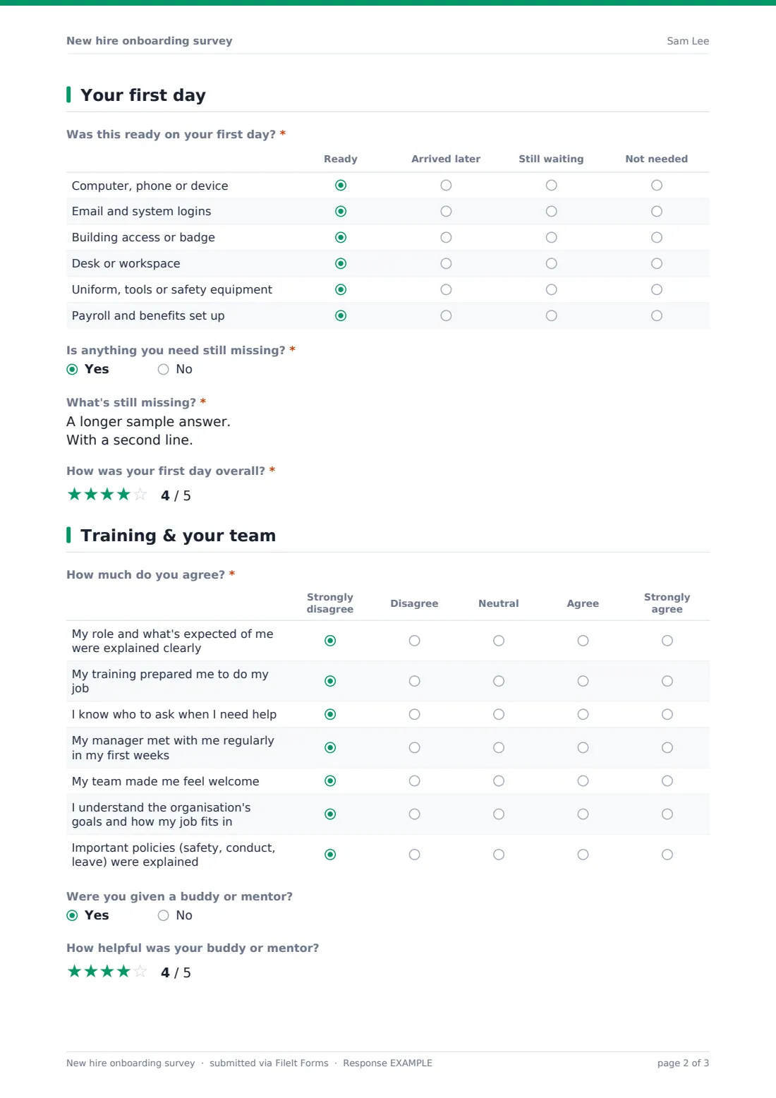 New hire onboarding survey — example response PDF, page 2 of 3