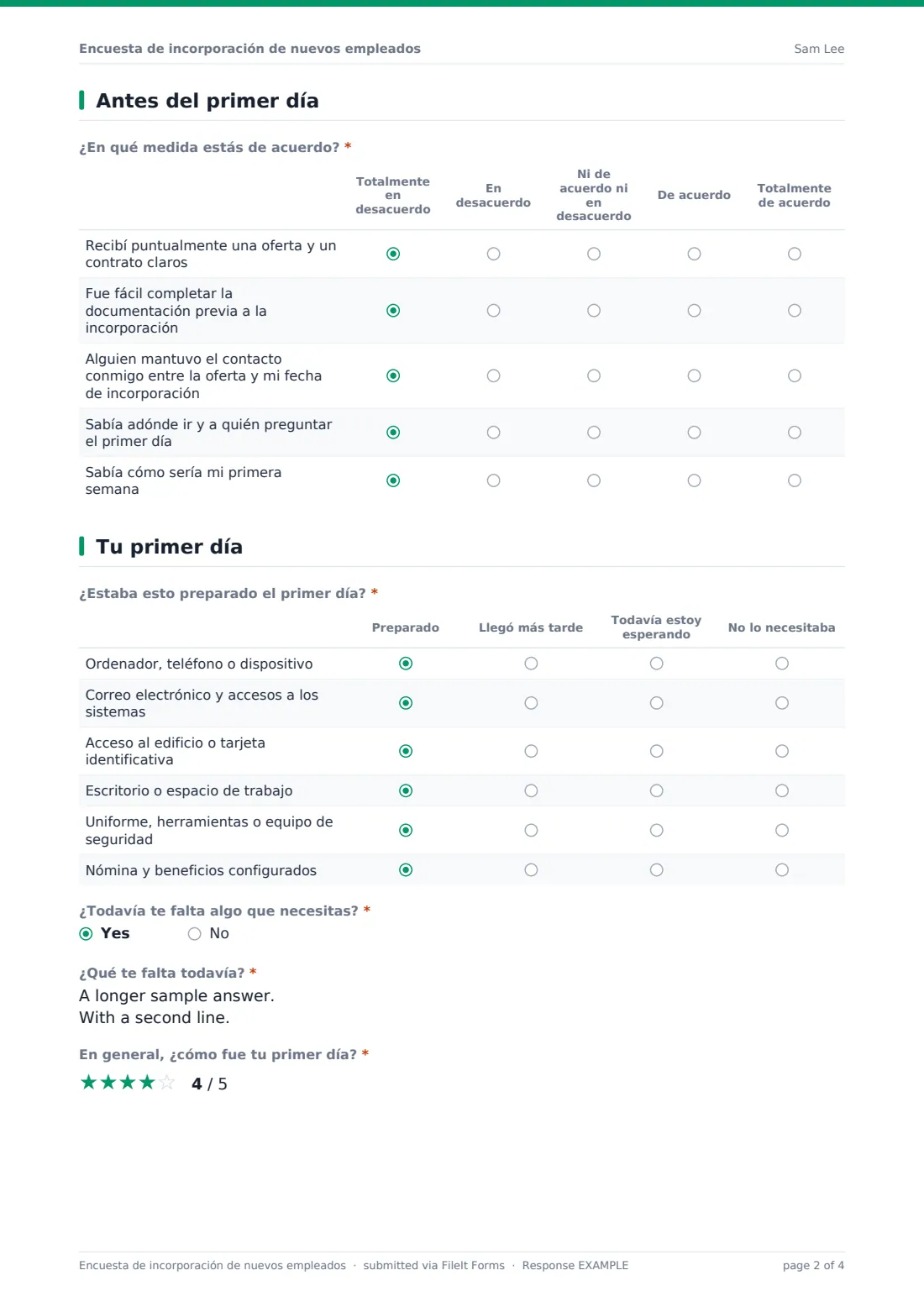 Encuesta de incorporación de nuevos empleados — PDF de respuesta de ejemplo, página 2 de 4