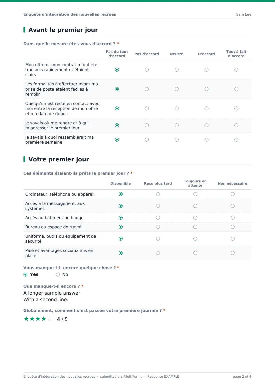 Enquête d’intégration des nouvelles recrues — exemple de réponse au format PDF, page 2 sur 4
