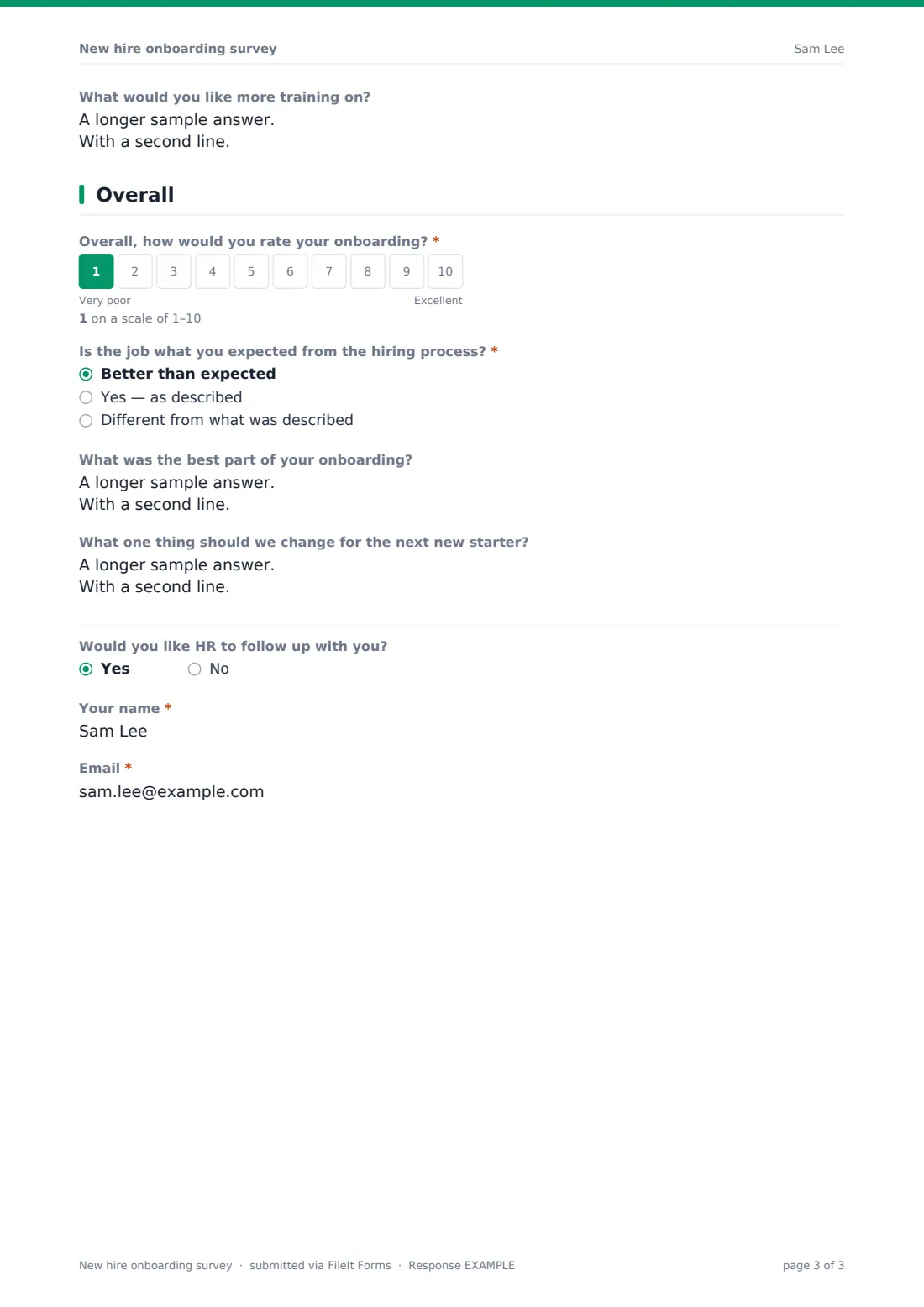 New hire onboarding survey — example response PDF, page 3 of 3