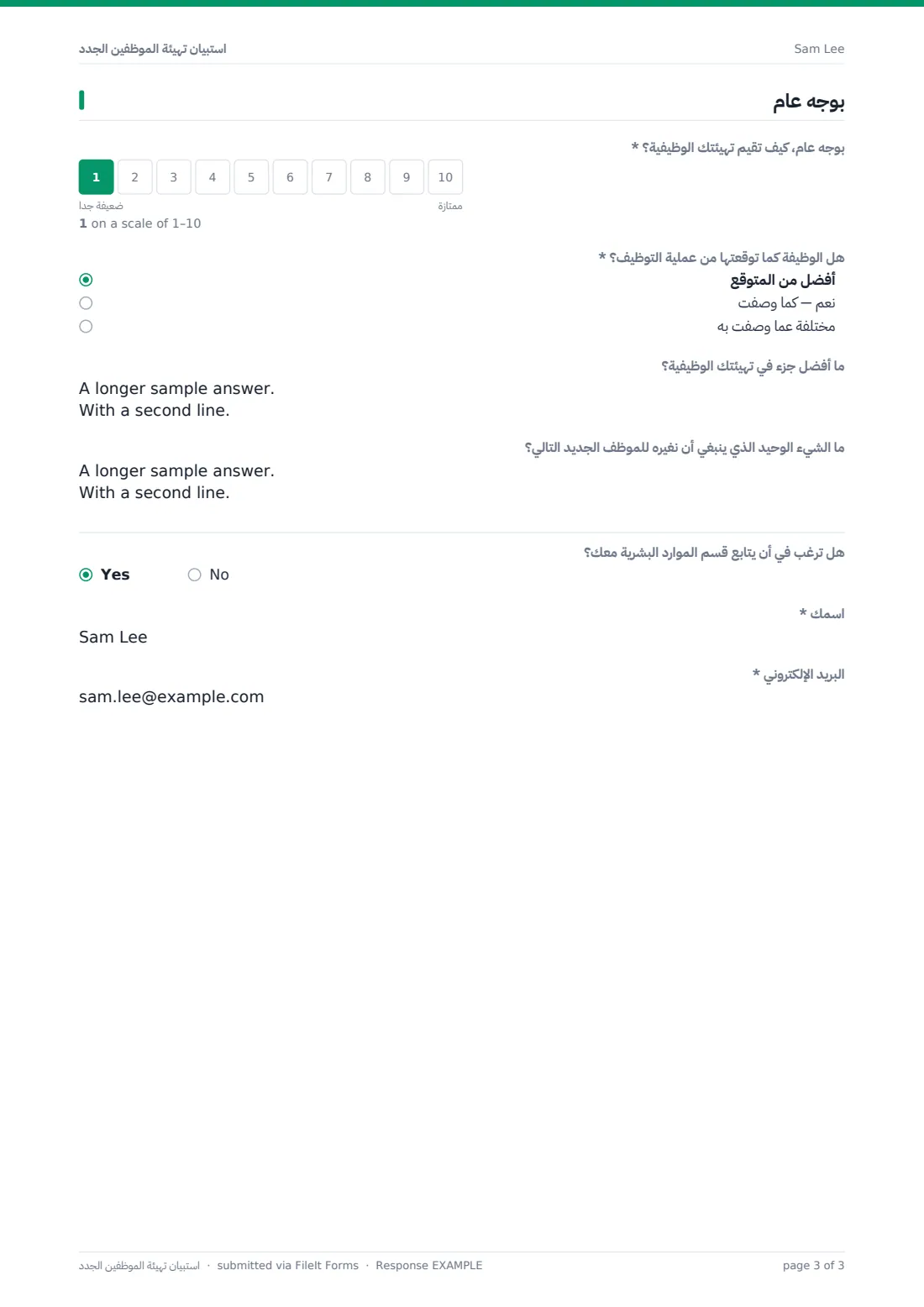 استبيان تهيئة الموظفين الجدد — ملف PDF لرد نموذجي، الصفحة 3 من 3