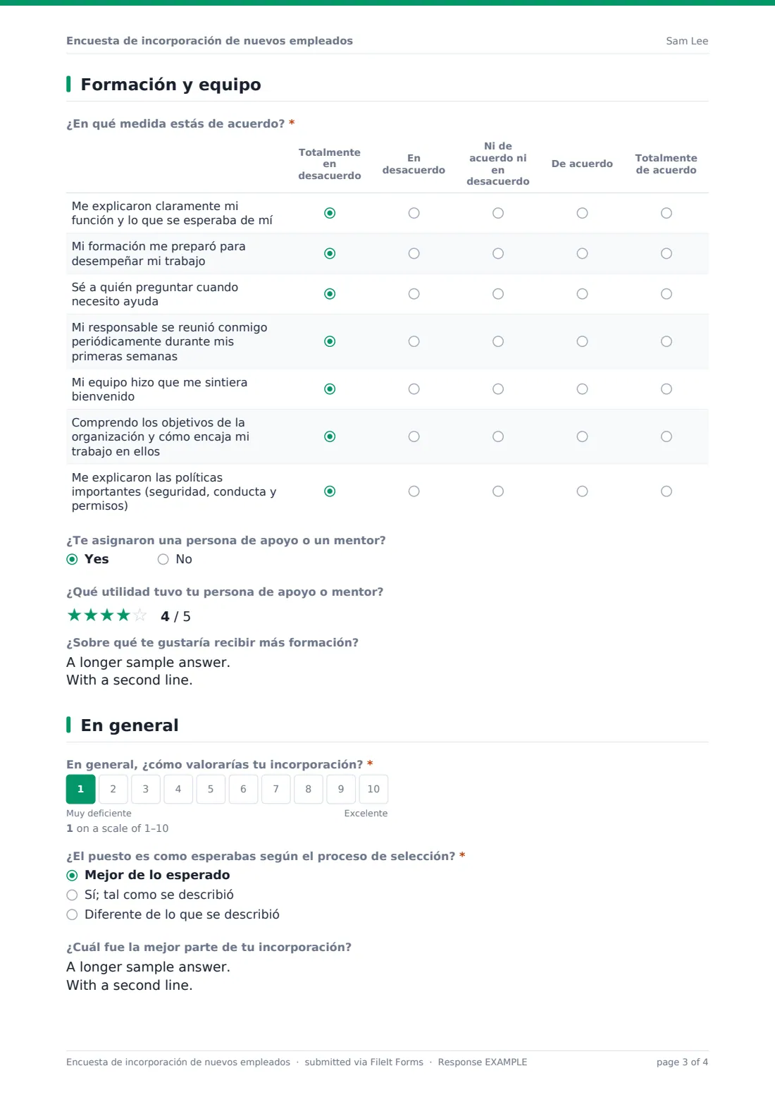 Encuesta de incorporación de nuevos empleados — PDF de respuesta de ejemplo, página 3 de 4
