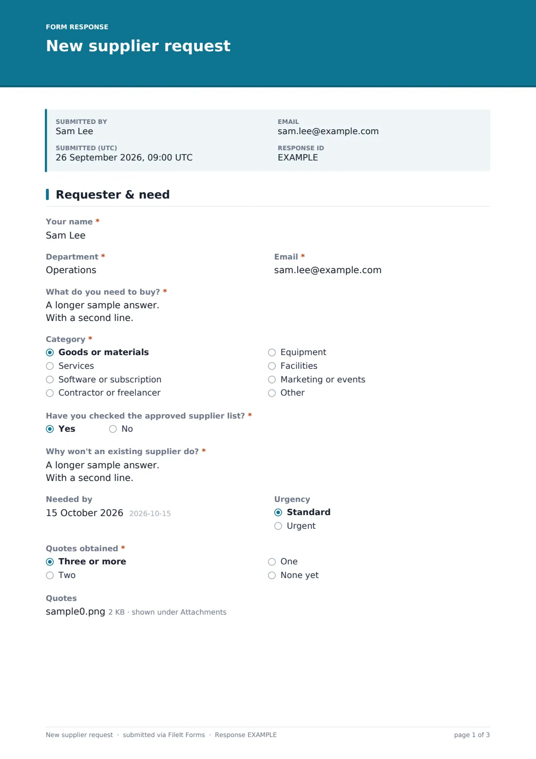 New supplier request — example response PDF, page 1 of 3